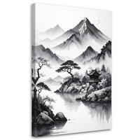LEINWANDBILD Japanische Landschaft gemalt mit Tinte 60x90cm - Schwarz, Textil (60/90cm) - Feeby