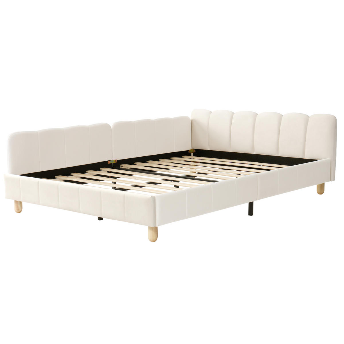KINDERBETT 140/200 cm aus Samt mit gepolstertem Kopfteil, flexiblem Rausfallschutz und Taschen, Beige - Beige, Textil (140/200cm) - Redom