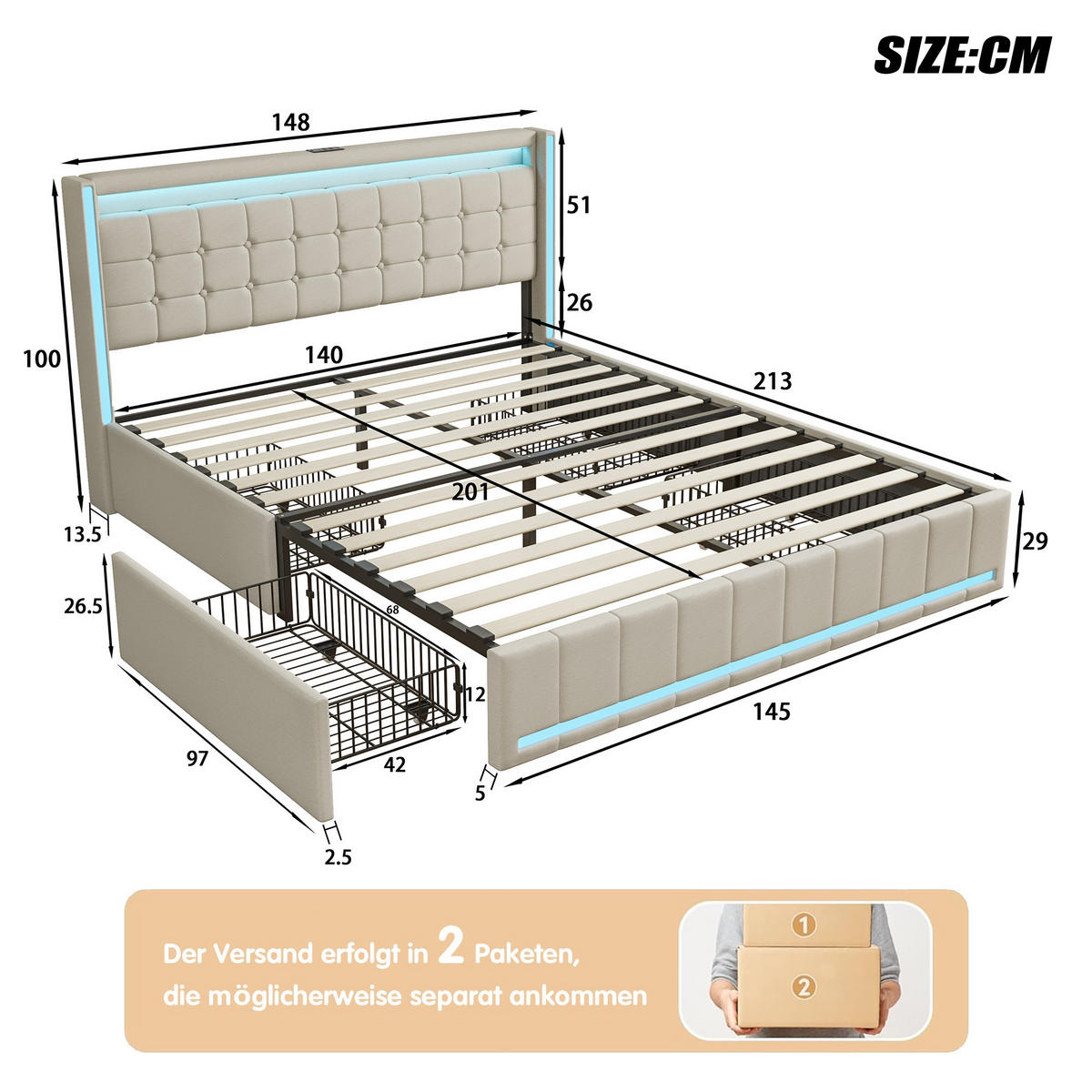 POLSTERBETT 140x200 cm Lumina Smart mit 3-Zonen RGB-LED, USB & USB-C, 4 Schubladen, Leinen-Optik, Beige - Beige, Textil (140/200cm) - DELFA