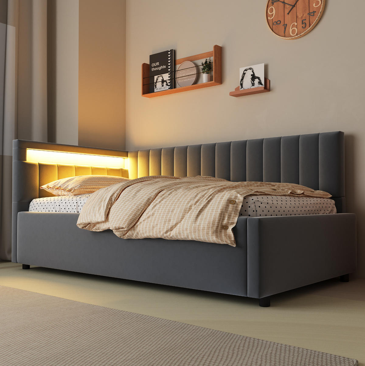 POLSTERBETT aus Samtstoff 90x200 cm Grau mit LED-Beleuchtung, hydraulischem Stauraum und verstellbarem Kopfteil - Grau, Textil (90/200cm) - Modfu