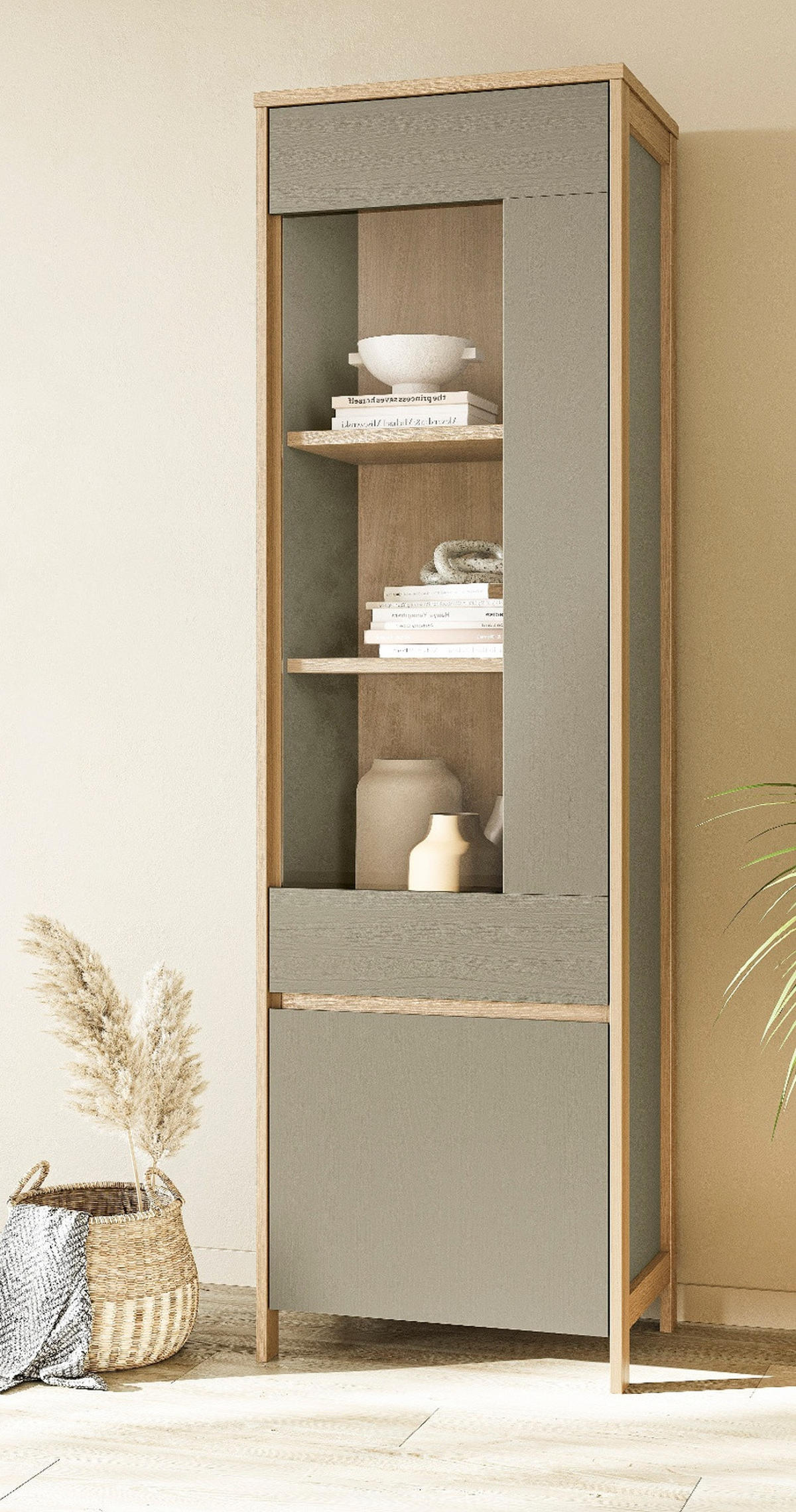 VITRINE Salbei grün, Eiche 58 cm, Vitrinenschrank mit Soft-Close - Salbeigrün/Eichefarben, Glas/Holzwerkstoff (58/195/39cm) - Furn.Design