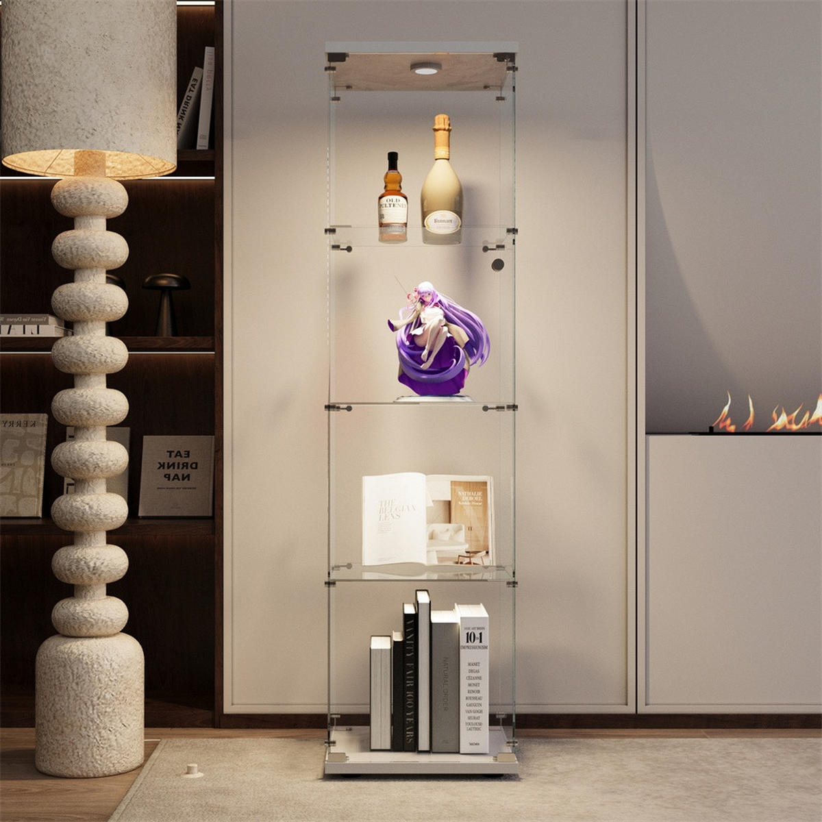 VITRINE mit LED Beleuchtung - Glaskvitrine mit 4 Ebenen und 1 Glastür - für Wohnzimmer und Büro - Weiß - Weiß, Glas (42.5/163.5/36.5cm) - DELFA