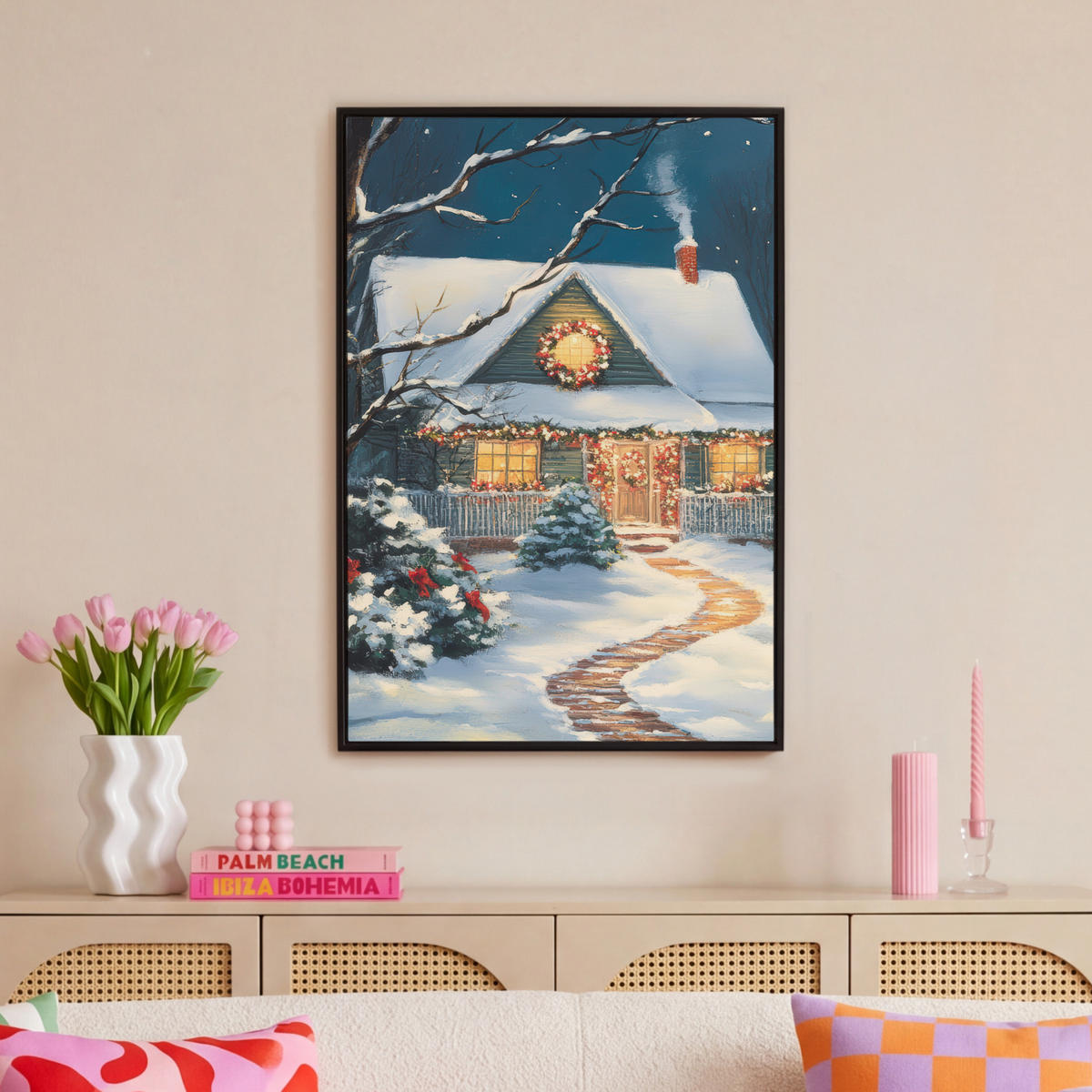LEINWAND Bilder mit Rahmen - Weihnachten - Weihnachtsbaum - Winter - Zuhause - Schnee - 60x90 - Smaragdgrün, Textil (60/90cm) - MuchoWow