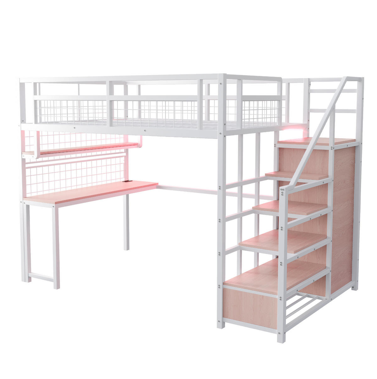 HOCHBETT 140/200 cm Weiß mit Schreibtisch, Lichtleisten und Stauraumleiter - Weiß, Metall (140/200cm) - MIVRAY