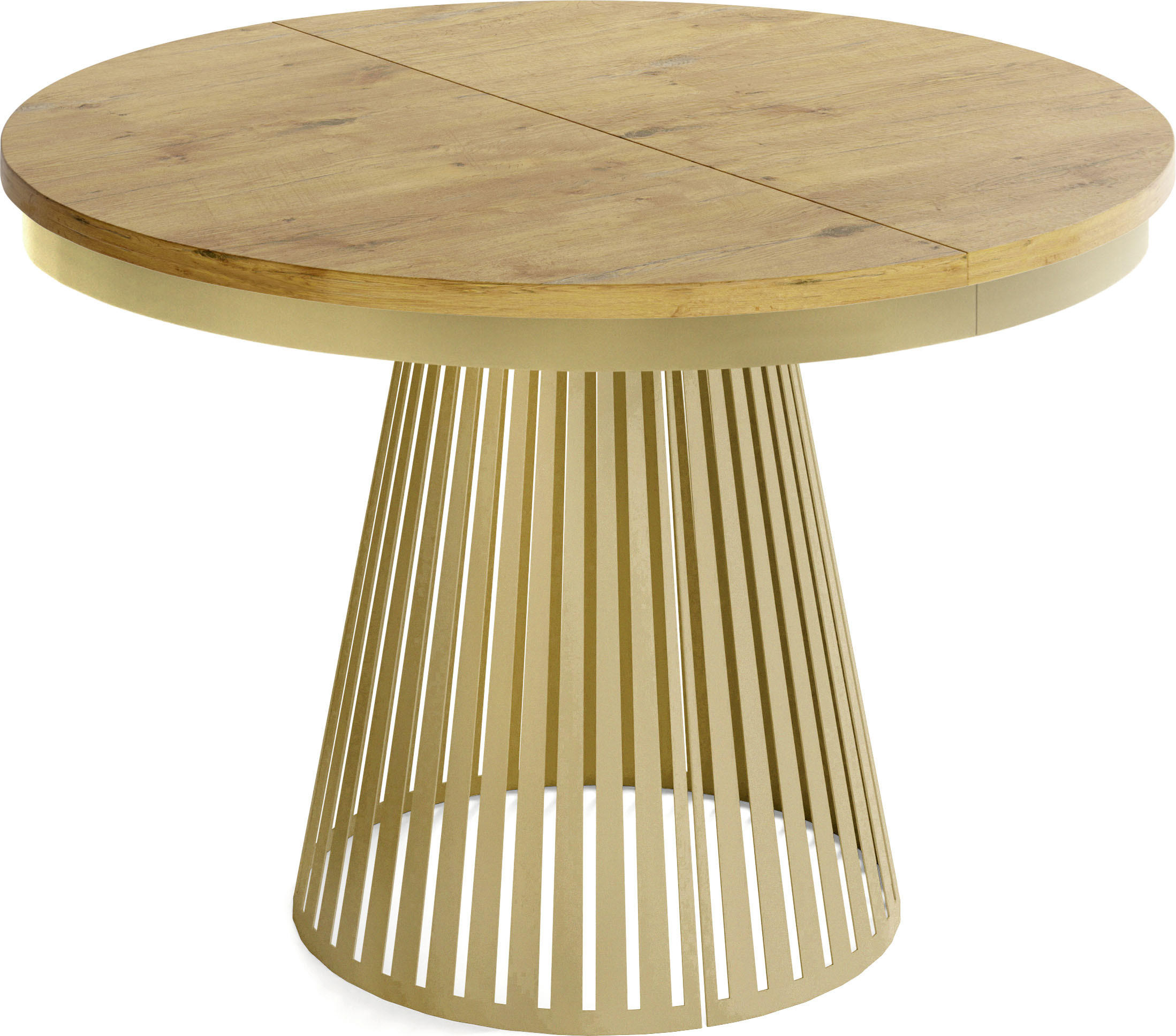ESSTISCH Naro rund ausziehbar mit Goldem Lamellen-Metallgestell, Eiche Hell Braun 100-180/100/76 cm - Eichefarben/Goldfarben, Holzwerkstoff/Metall (100/100/76cm) - WFL GROUP