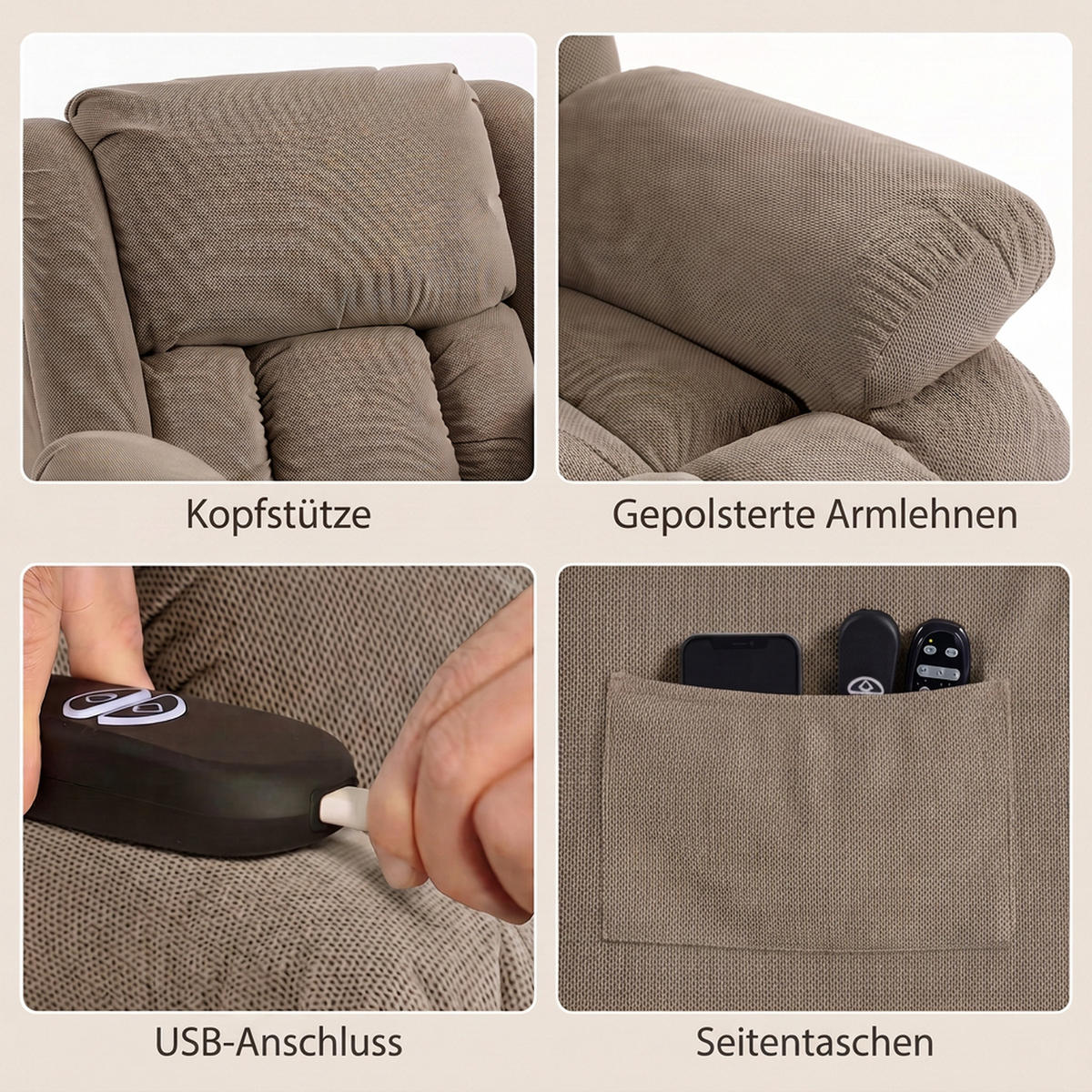 FERNSEHSESSEL-MIT-AUFSTEHHILFE Samt Braun - Hellbraun/Schwarz, Holz/Textil (104/100/93cm) - HOMCOM