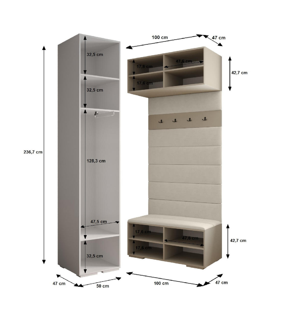 GARDEROBEN-SET 236,7/150/47 - Goldfarben/Weiß, Holz/Kunststoff (150/236.7/47cm) - Abiks Möbel