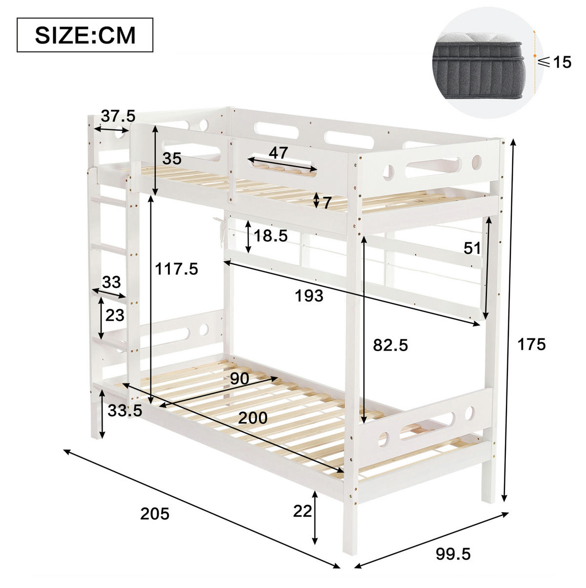 ETAGENBETT 90/200 cm aus Kiefernholz und MDF mit 5-stufiger Leiter, offenem Regal und Fallschutz, Weiß/Natur - Weiß, Holz (90/200cm) - Redom