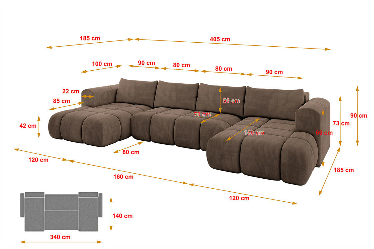 WOHNLANDSCHAFT CLOUD-U 405x185x90 Braun Velours - Braun, Holzwerkstoff/Kunststoff (405/90/185cm) - ALTDECOR