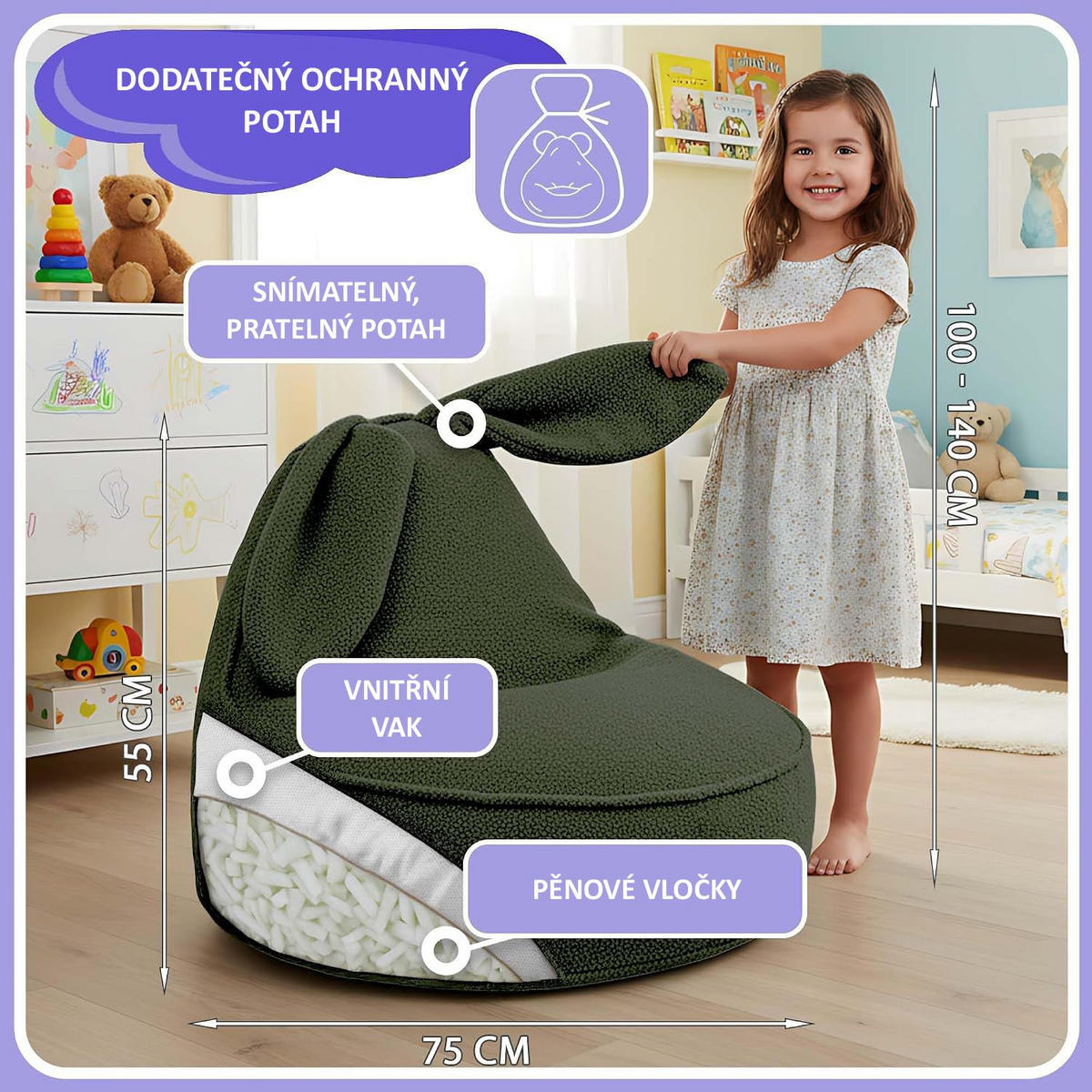 SITZSACK FÜR KINDER Hase 75/75/55 cm, weicher Bouclé 315 g/m², abnehmbarer Bezug, Forest Whisper - Dunkelgrün, Textil (75/55/75cm) - Dreamroots