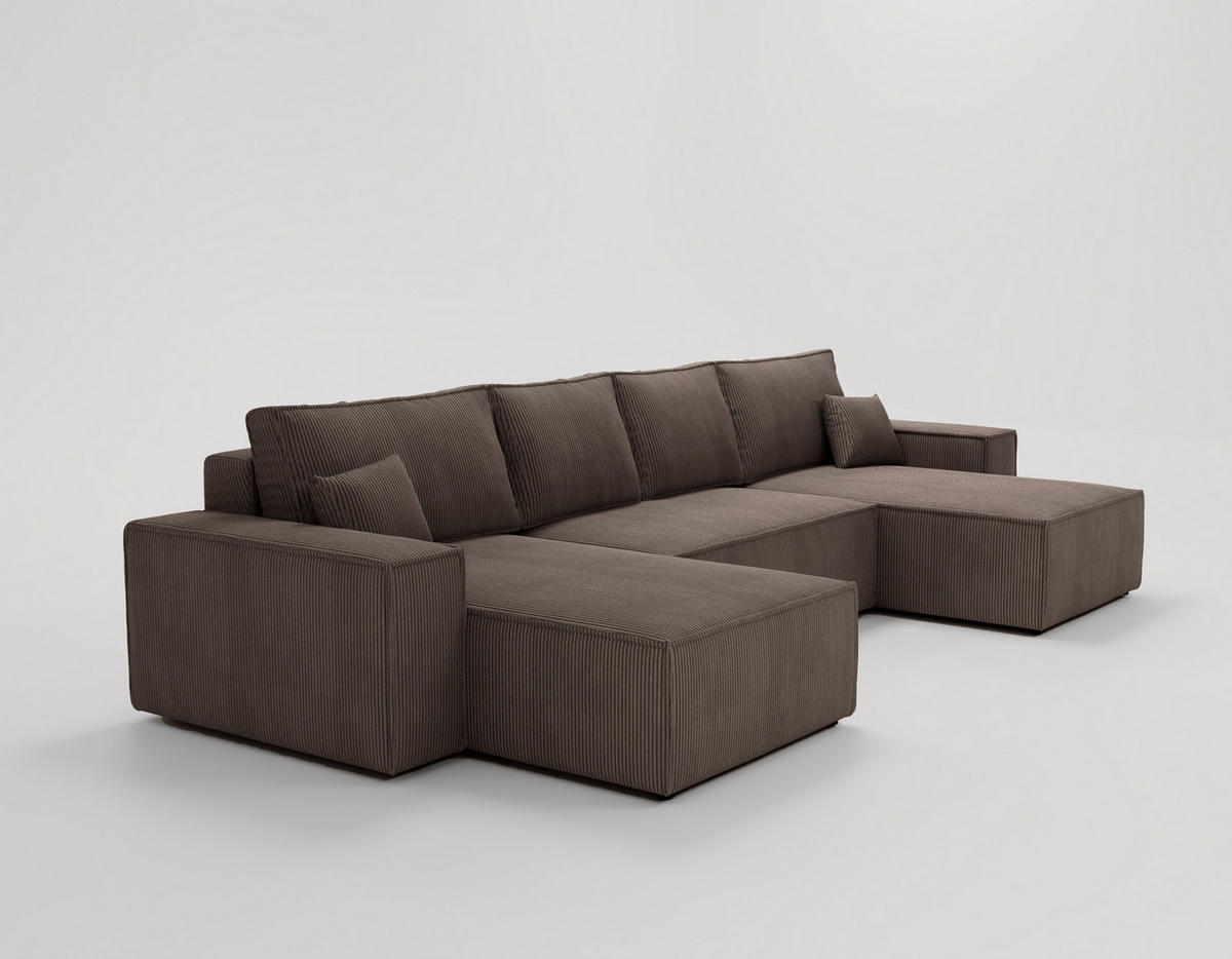 ECKSOFA U 380 cm Bergamo mit Schlaffunktion, Cordstoff, Braun - Braun, Holz (377/189cm) - Emporius