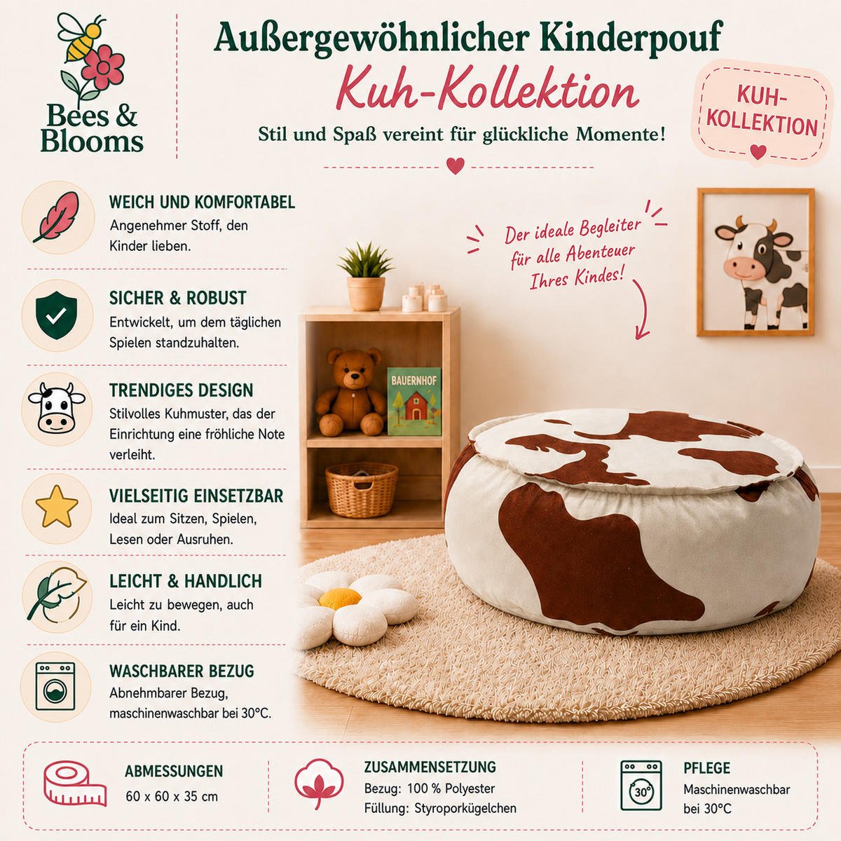 KINDER Sitzpouf Kuhmuster rund – weiches Kissen fürs Kinderzimmer - Creme/Braun, Textil (65/30/65cm) - Bees & Blooms