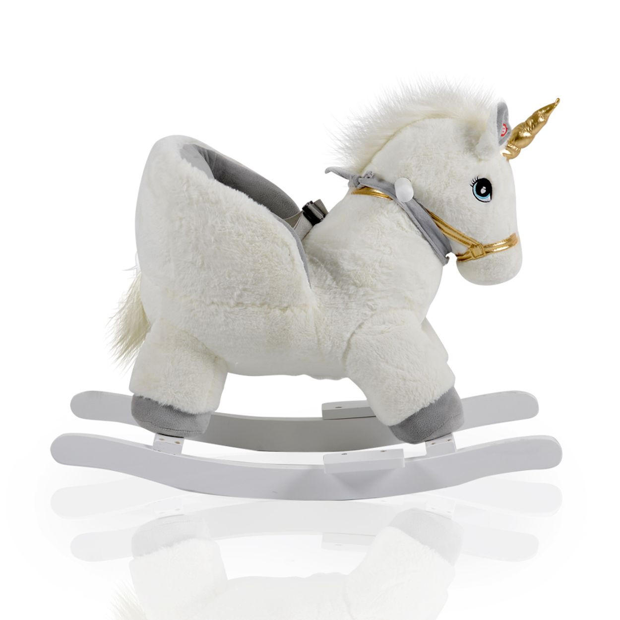 SCHAUKELTIER Moon WJ-6188 weiß Einhorn, Holzgriffe, Musikfunktion, Plüsch, 100 % Polyester, Holzkufen - Weiß, Textil (35/55/68cm) - Moni