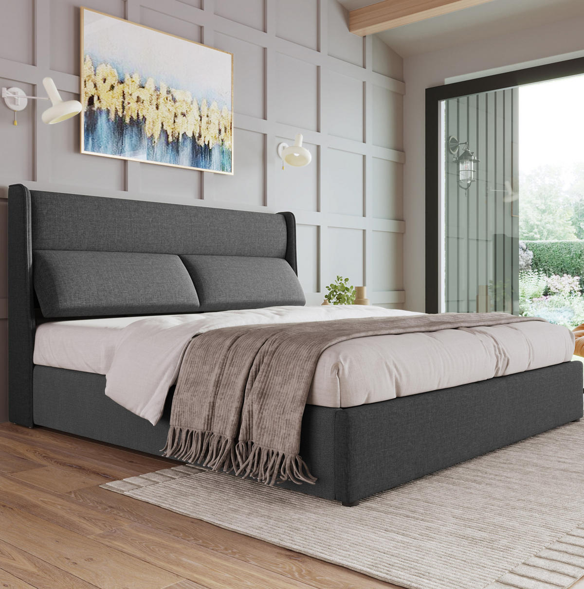 ČALÚNENÁ posteľ z ľanu 140x200 cm sivá s nastaviteľným čelom, hydraulickým úložným priestorom a matracom - sivá, textil (140/200cm) - Modfu