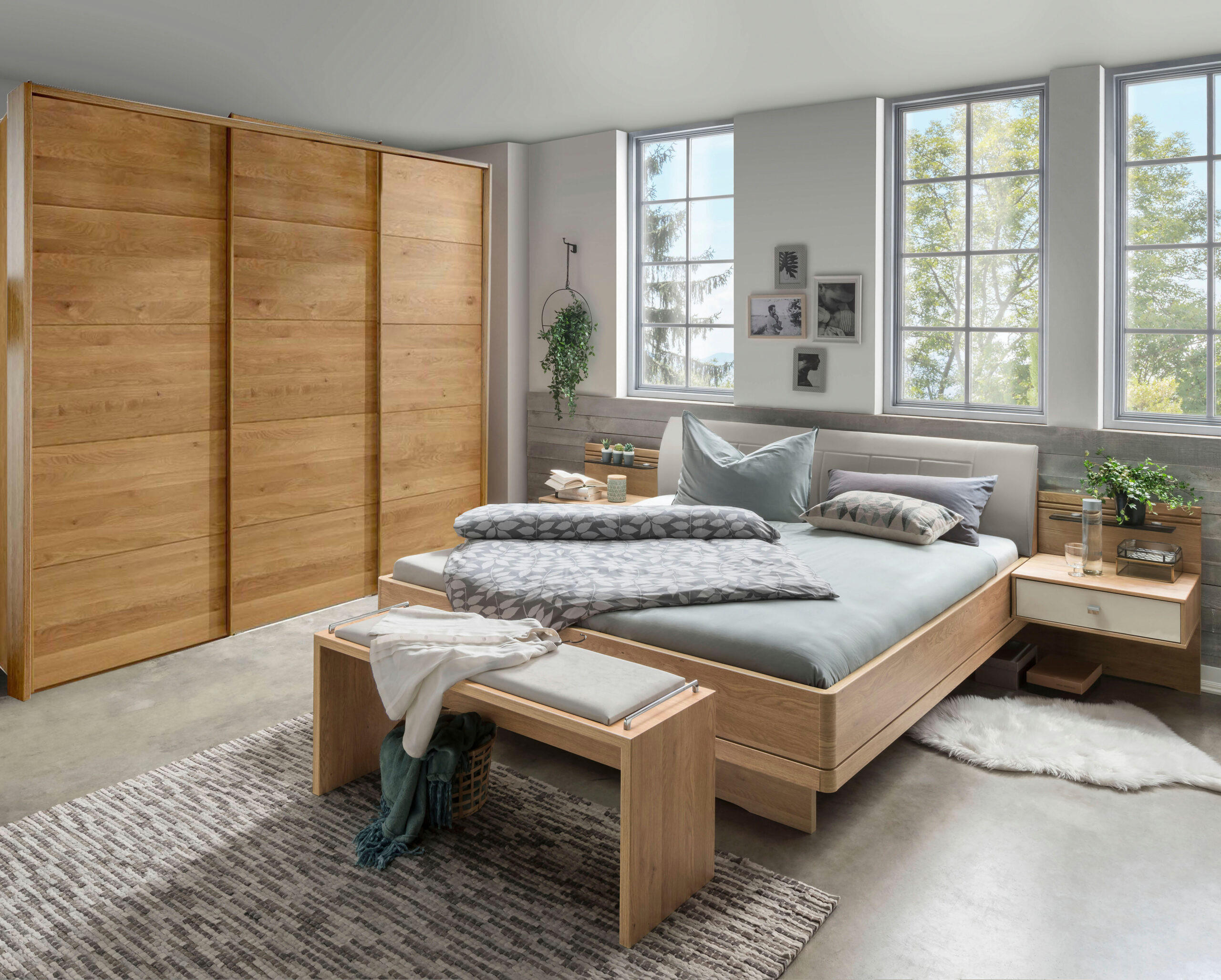 SCHLAFZIMMER Lenvara mit in Eiche 4-teilig mit Schwebetürenschrank mit Spiegel, Passepartout, zwei Nachttische und Komfortbett - Braun, Holzwerkstoff (80/200/120cm)