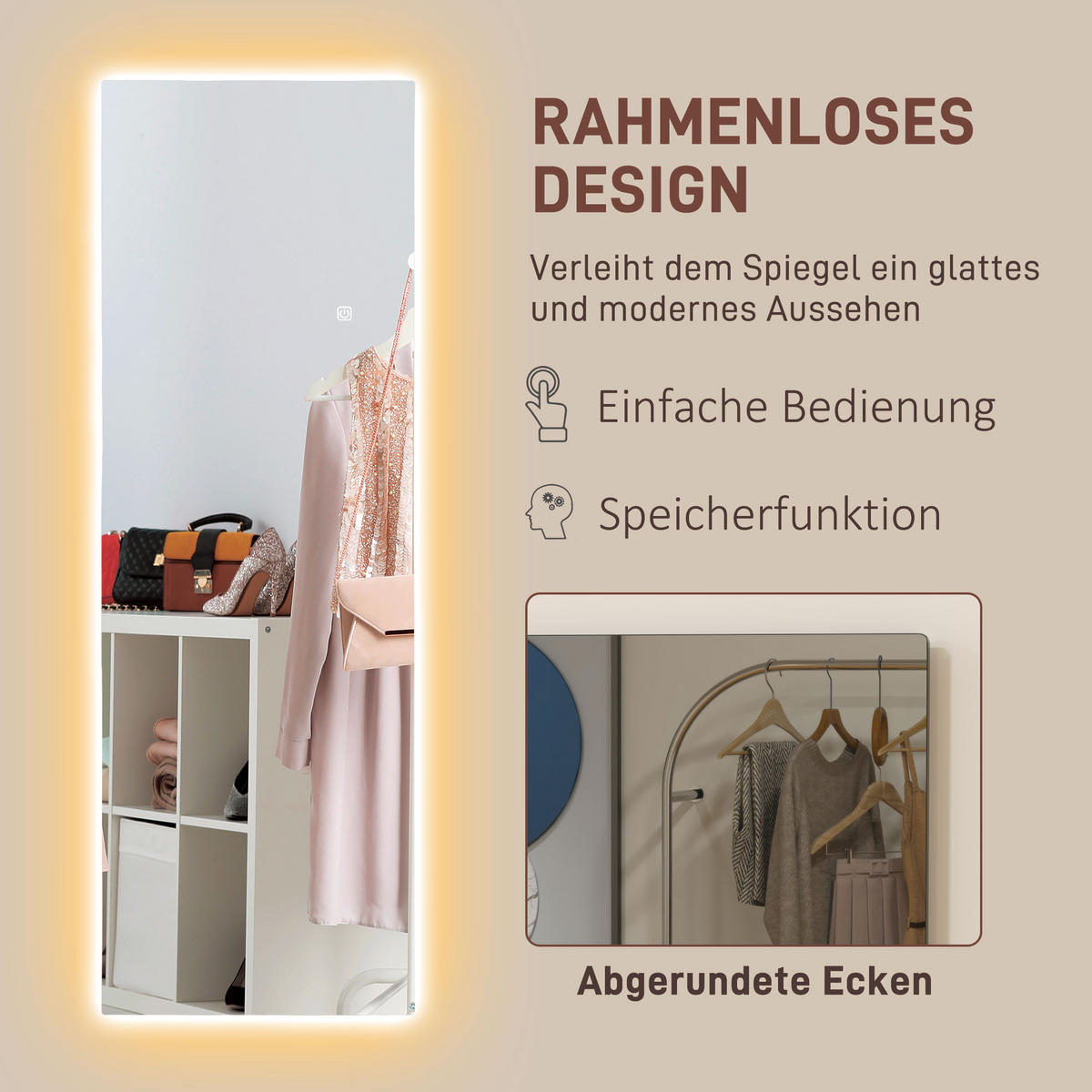 GANZKÖRPERSPIEGEL 40 x 120 cm Standspiegel mit LED Lichte - Transparent, Glas (40/120/3cm) - HOMCOM