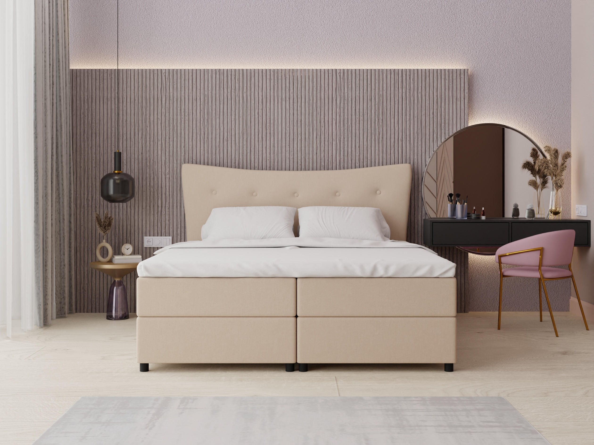 BOXBETT Nevada 180 x 200 cm Doppelbett mit hochwertiger Bonell-Matratze und Topper - beige - Beige, Holz (180/200cm) - Panda Möbel