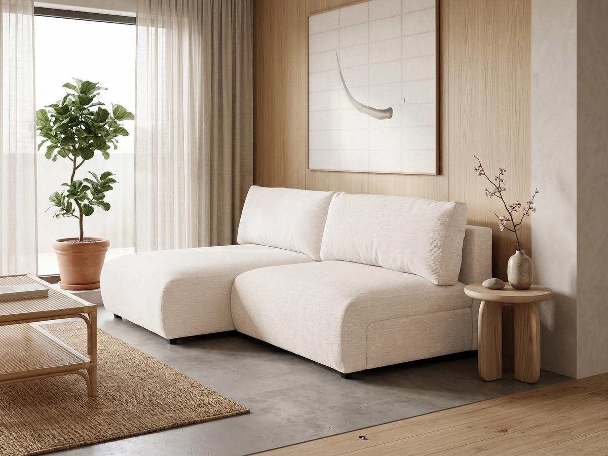 ECKSOFA Sora mit Schlaffunktion, Bettkasten und extra tiefer Komfortzone aus hochwertigem Creme Strukturstoff - Creme/Schwarz, Holz/Kunststoff (140/200cm) - S-Style