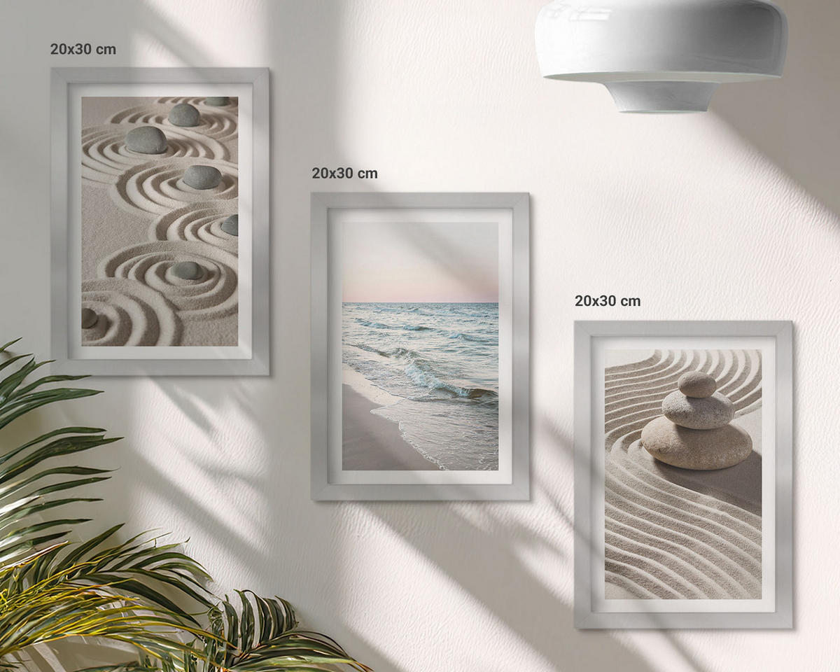 WANDBILDER 3er Set - 20x30 cm Silberner Rahmen - Wellen, Sand, Wasser, Steine, Strand - Silberfarben, Kunststoff (20/30cm) - ArtPrintCave