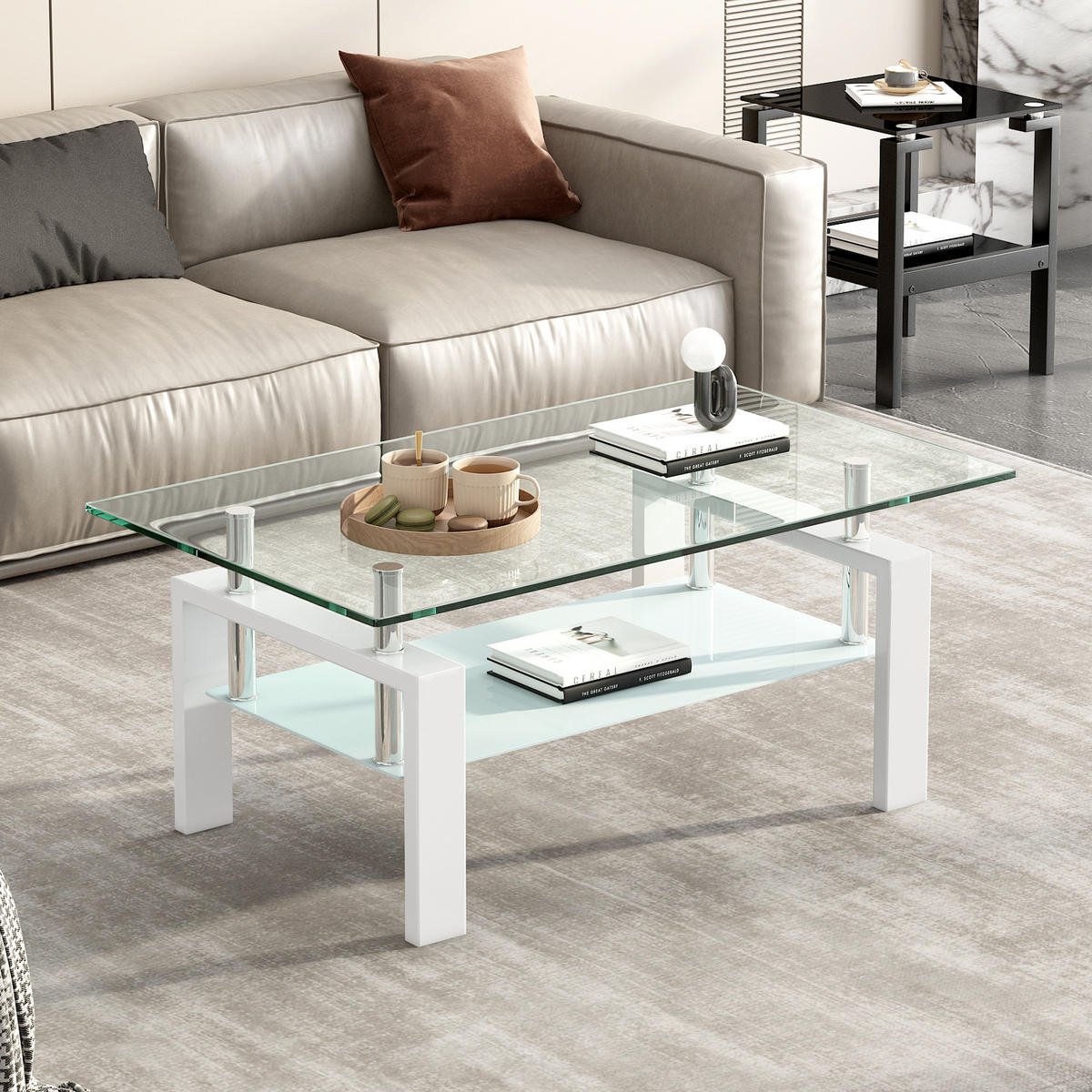 COUCHTISCH DE-37396 rechteckig mit zweistufigem Glas Weiß - Weiß, Metall (100/60/44cm) - ComfortXL