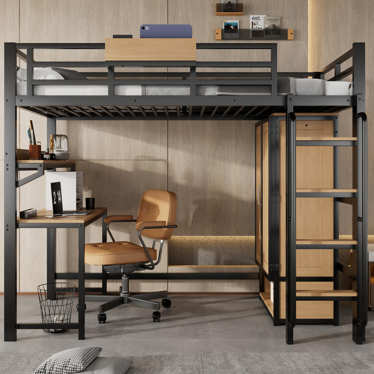 HOCHBETT 90/200 cm aus Metall und MDF mit Schreibtisch und Kleiderschrank Schwarz/Natur - Schwarz, Metall (90/200cm) - Modenvie