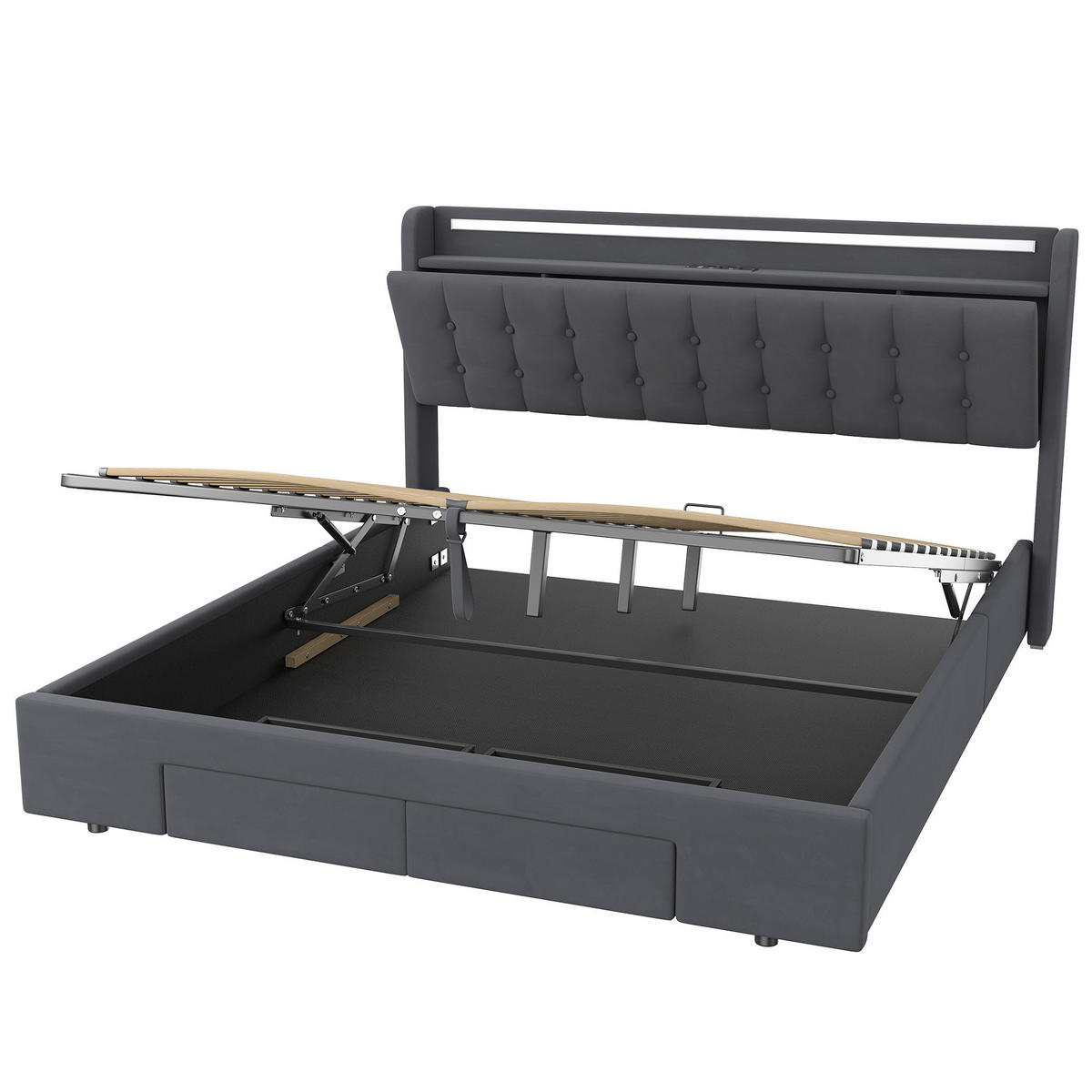 POLSTERBETT 180/200 cm in Dunkelgrau Samt mit Bettkasten, Schubladen und USB/LED-Beleuchtung - Dunkelgrau, Holzwerkstoff/Textil (180/200cm) - CHICFURN