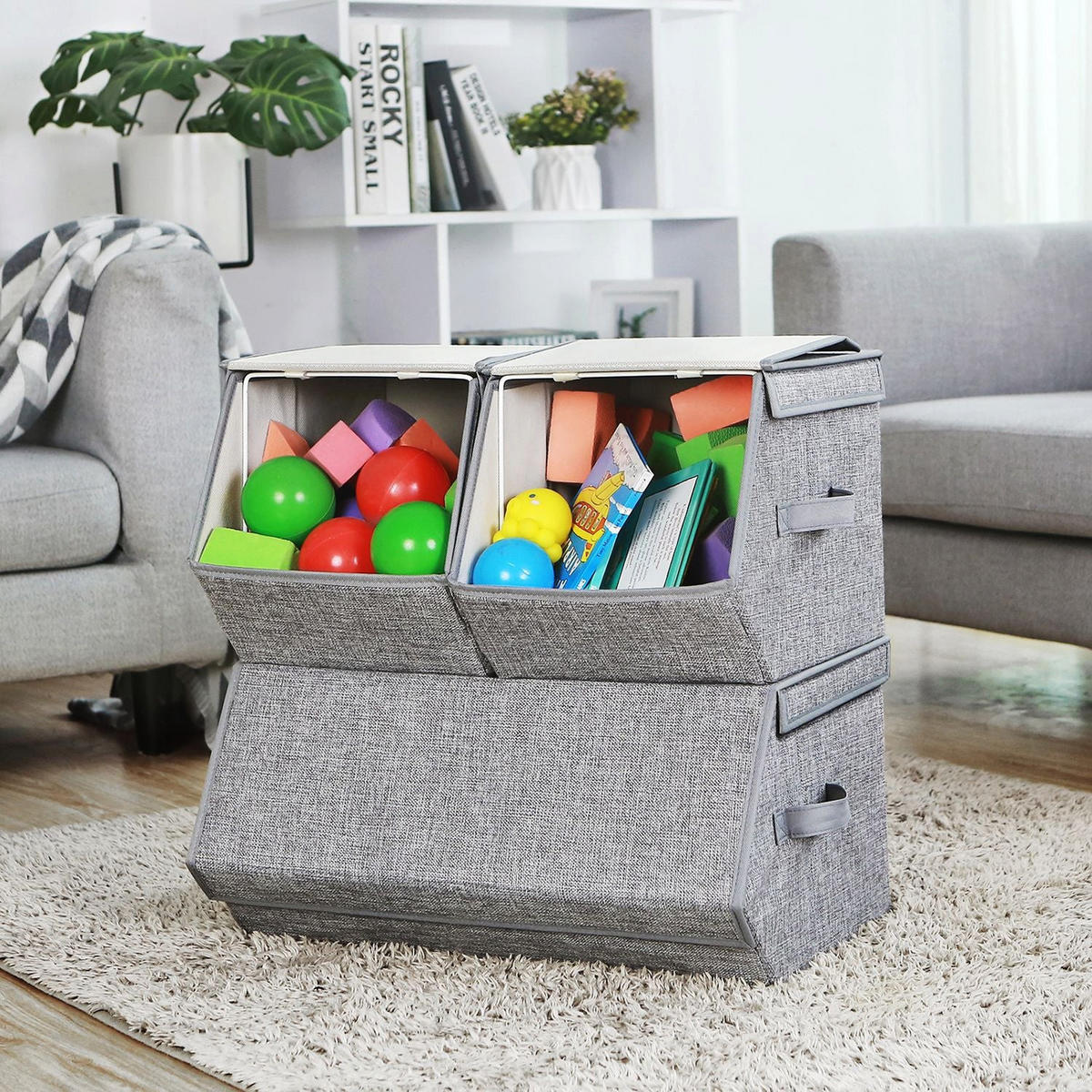 AUFBEWAHRUNGSBOXEN MIT DECKEL 3ER-SET - Grau, Textil (35/25/50cm) - Hansiro
