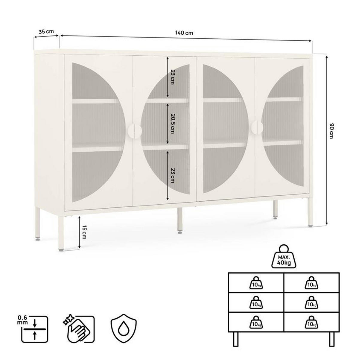 SIDEBOARD Metall 4 Türen Beige und Geriffeltes Glas 140cm ELIO - Beige, Metall (35/90/140cm) - Sicaan