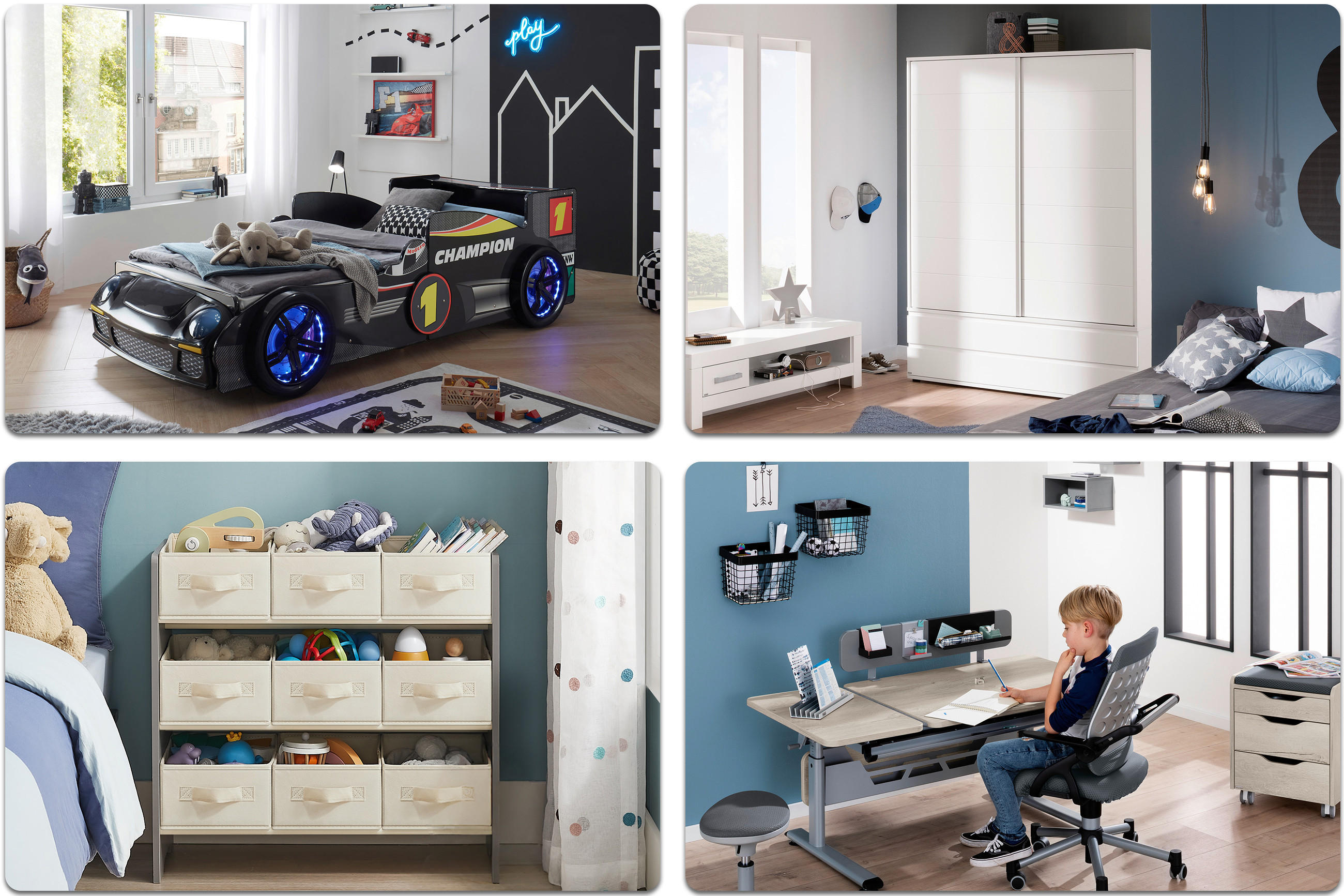 Vier geteilte Fotos zeigen ein Kinderzimmer mit einem Rennautobett, einem weißen Kleiderschrank, einem Regal mit Spielzeugkisten und einen Jungen an einem Schreibtisch mit Bürostuhl.