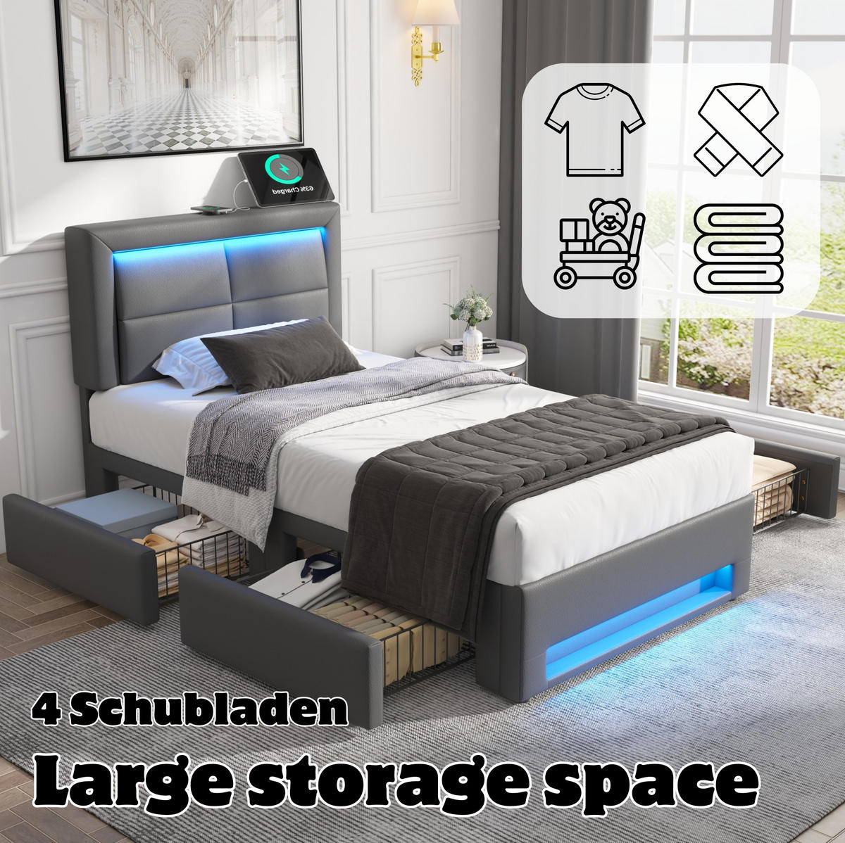 POLSTERBETT 90/190 cm mit USB-Anschluss, LED-Beleuchtung, 4 Schubladen und PU-Bezug, Grau - Grau, Kunststoff (90/190cm) - Redom