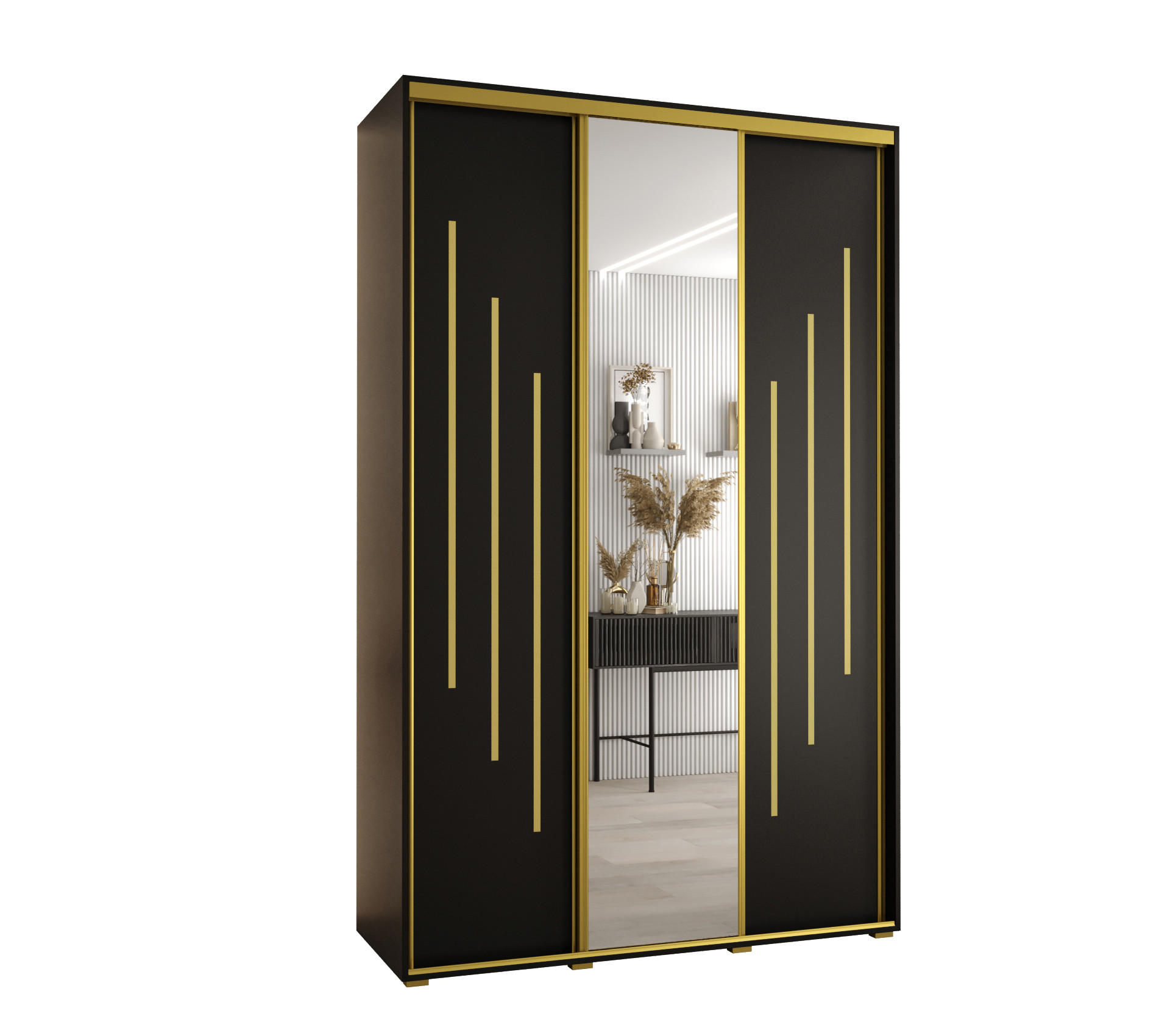 Abiks Möbel Schwebetürenschrank Schwarz, Schwarz, Gold 160x235x45 cm