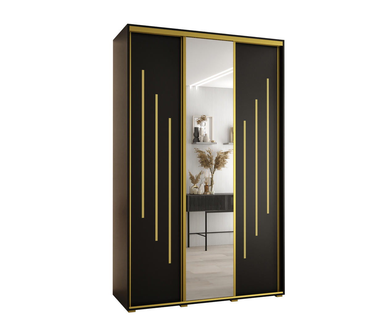 SCHWEBETÜRENSCHRANK 235,2/150/60 3-türig - Goldfarben/Schwarz, Holz/Metall (150/235/60cm) - Abiks Möbel