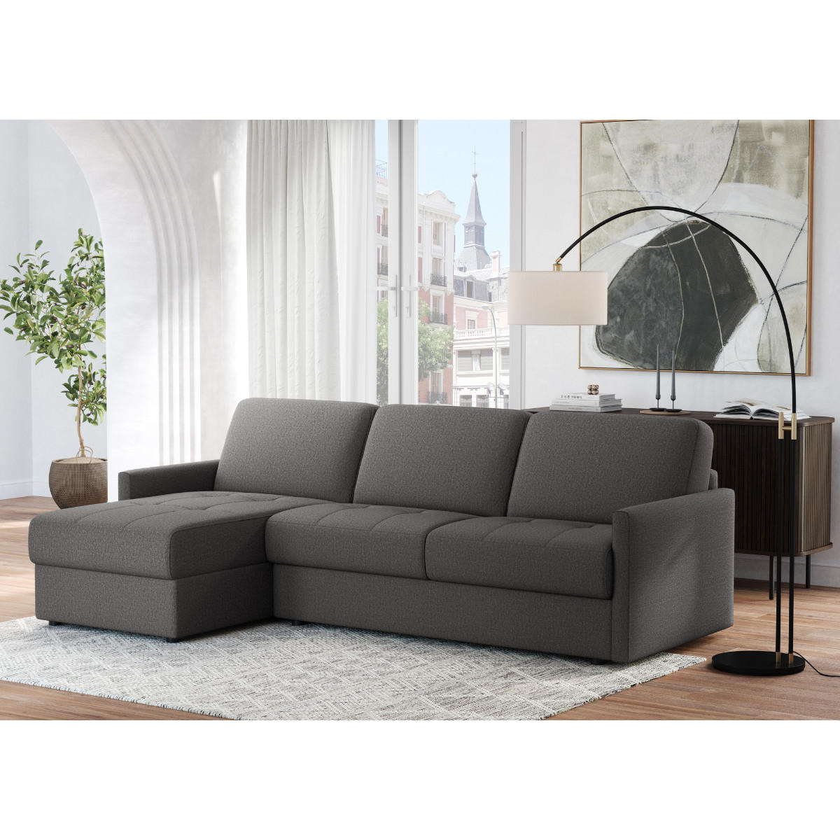 ECKSOFA mit schlaffunktion3-sitzer aus grauem stoff belluno 260/150/87 cm - Dunkelgrau, Textil (150/260cm) - Calicosy
