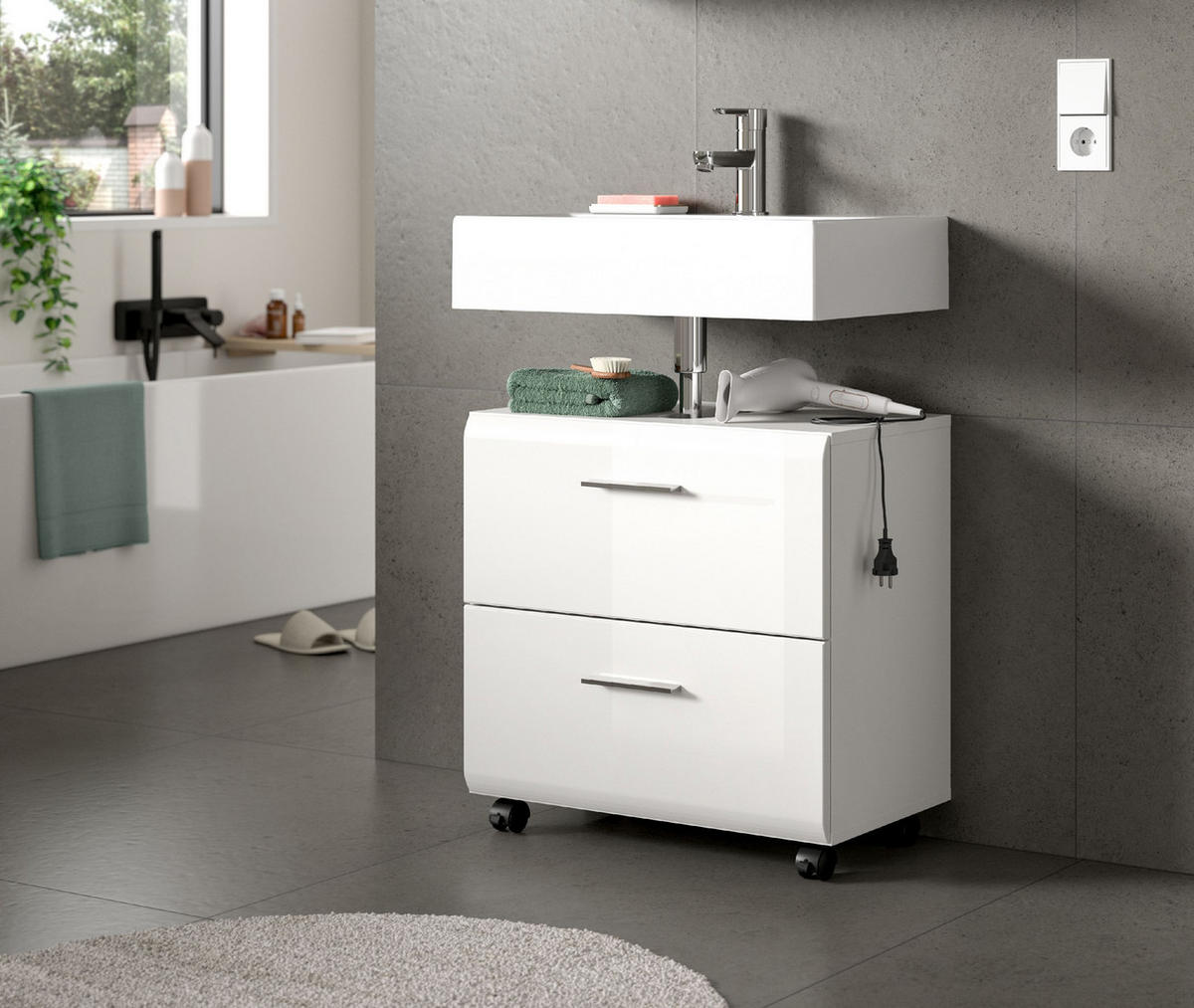 WASCHBECKENUNTERSCHRANK AUF ROLLEN Ice weiß hochglanz 60/30/58 cm - Weiß, Holzwerkstoff (60/58/30cm) - Xonox