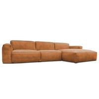 ECKSOFA mit Longchair - Cognac/Schwarz, Leder/Kunststoff (345/170cm) - home24