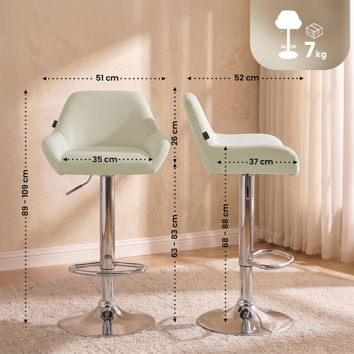 BARHOCKER Stoff creme - Chromfarben/Creme, Textil/Metall (51/89/52cm) - CLP