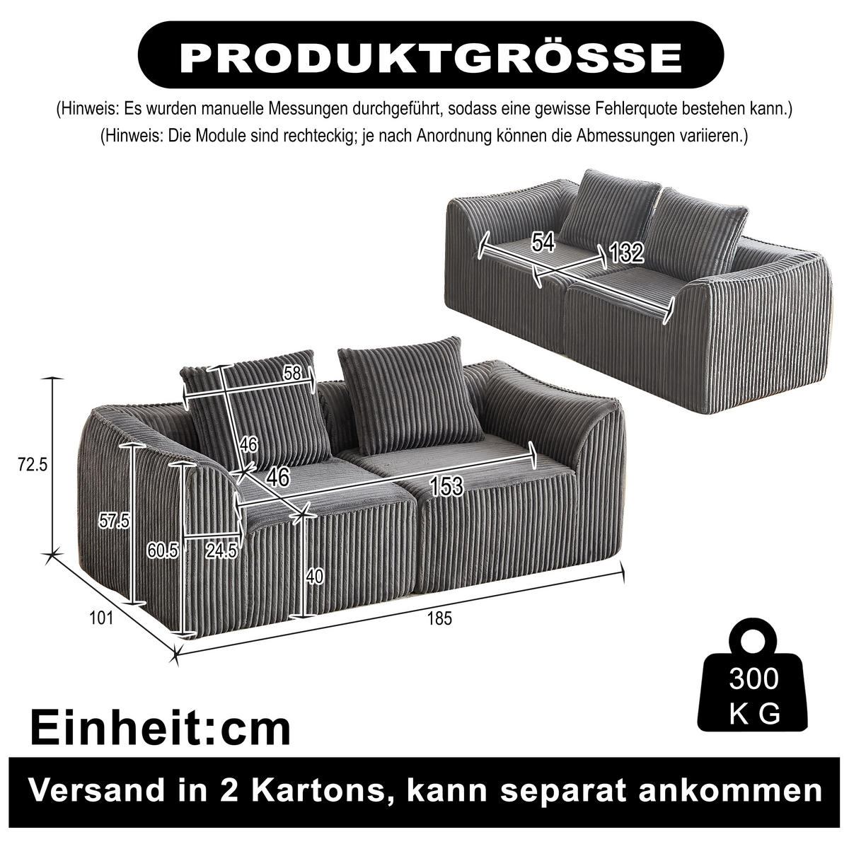 2-SITZER SOFA Cord Grau mit 2 Kissen - Grau, Textil (185/72.5/101cm) - WISHDOR