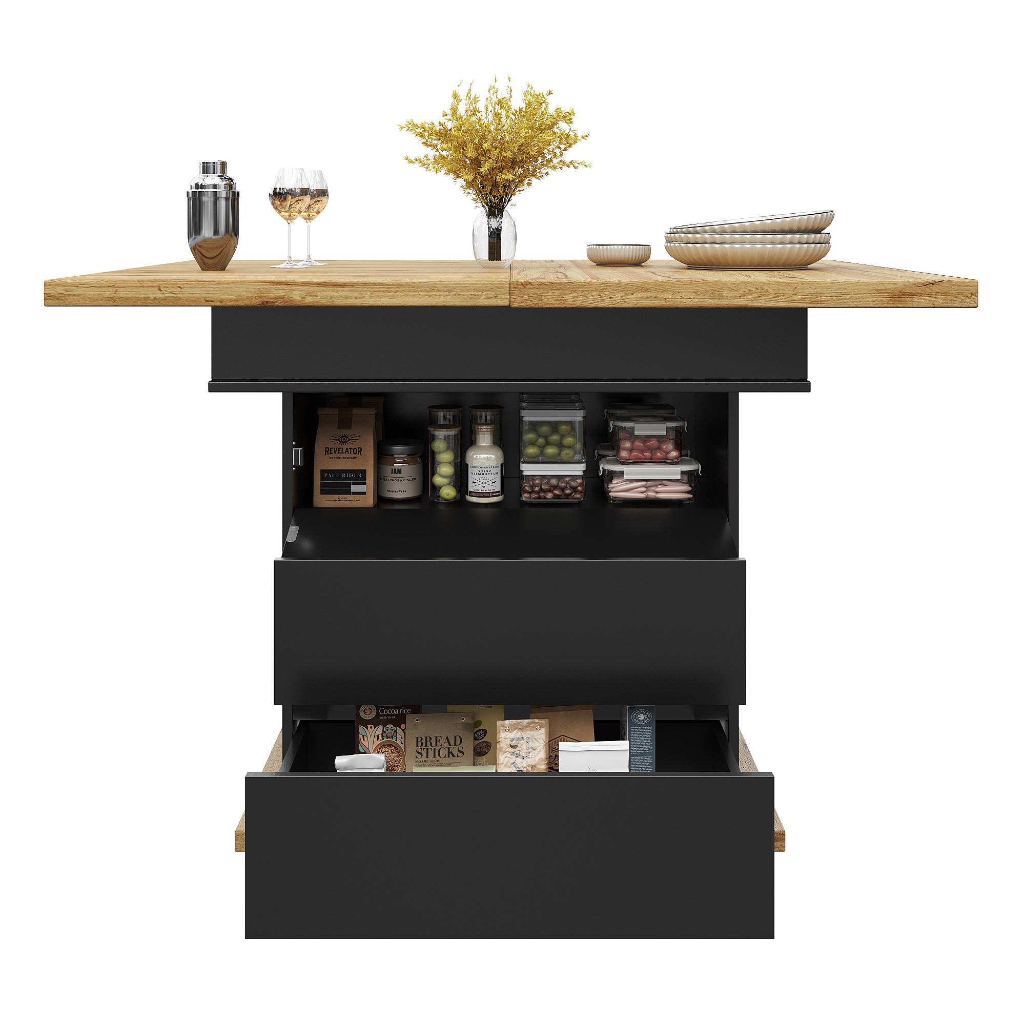 ESSTISCH Ausziehbarer aus MDF mit Stauraum, 110-140/80/75 cm, Schwarz - Schwarz, Holzwerkstoff (110/80/75cm) - Redom