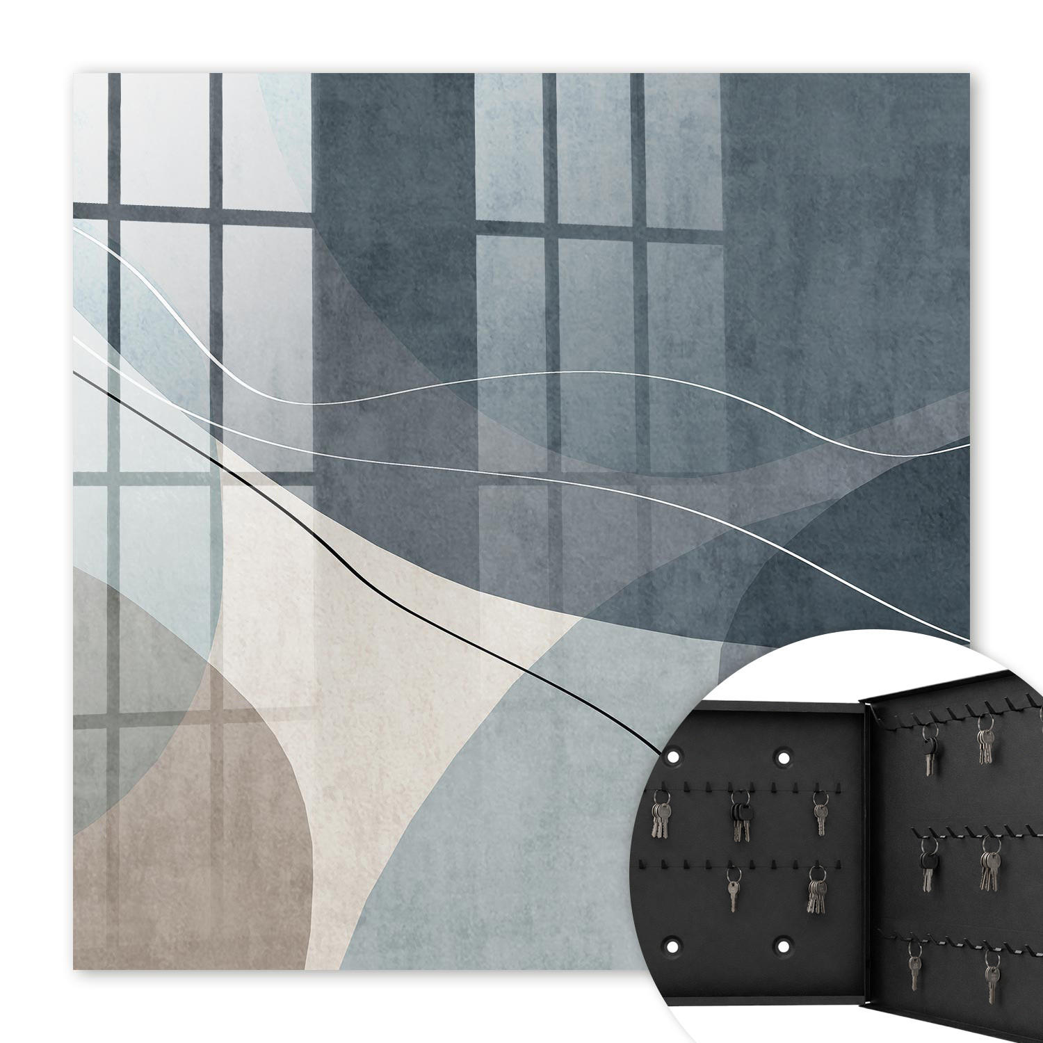 SCHLÜSSELBOX Schwarz 30x30 cm- Türöffnung nach rechts - Blaue Abstraktion - Blau, Metall (30/30/5cm) - TULUP