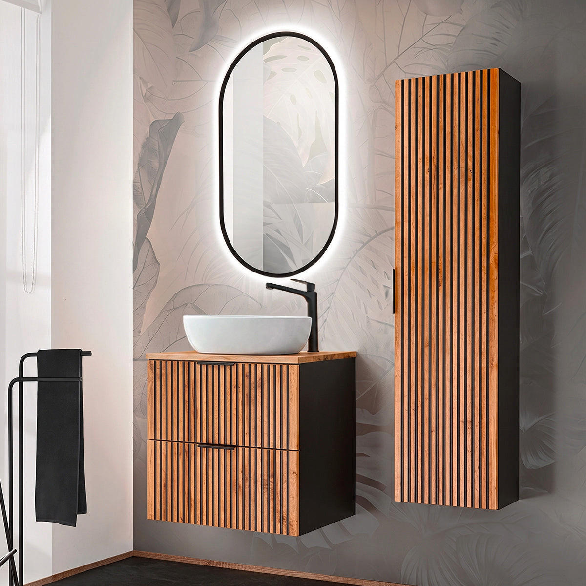 BADMÖBEL 60.6cm Gaia 2er-Set Holz in Eichenoptik und Schwarz - Schwarz, Holzwerkstoff (60.6/59/46cm) - Petits-meubles