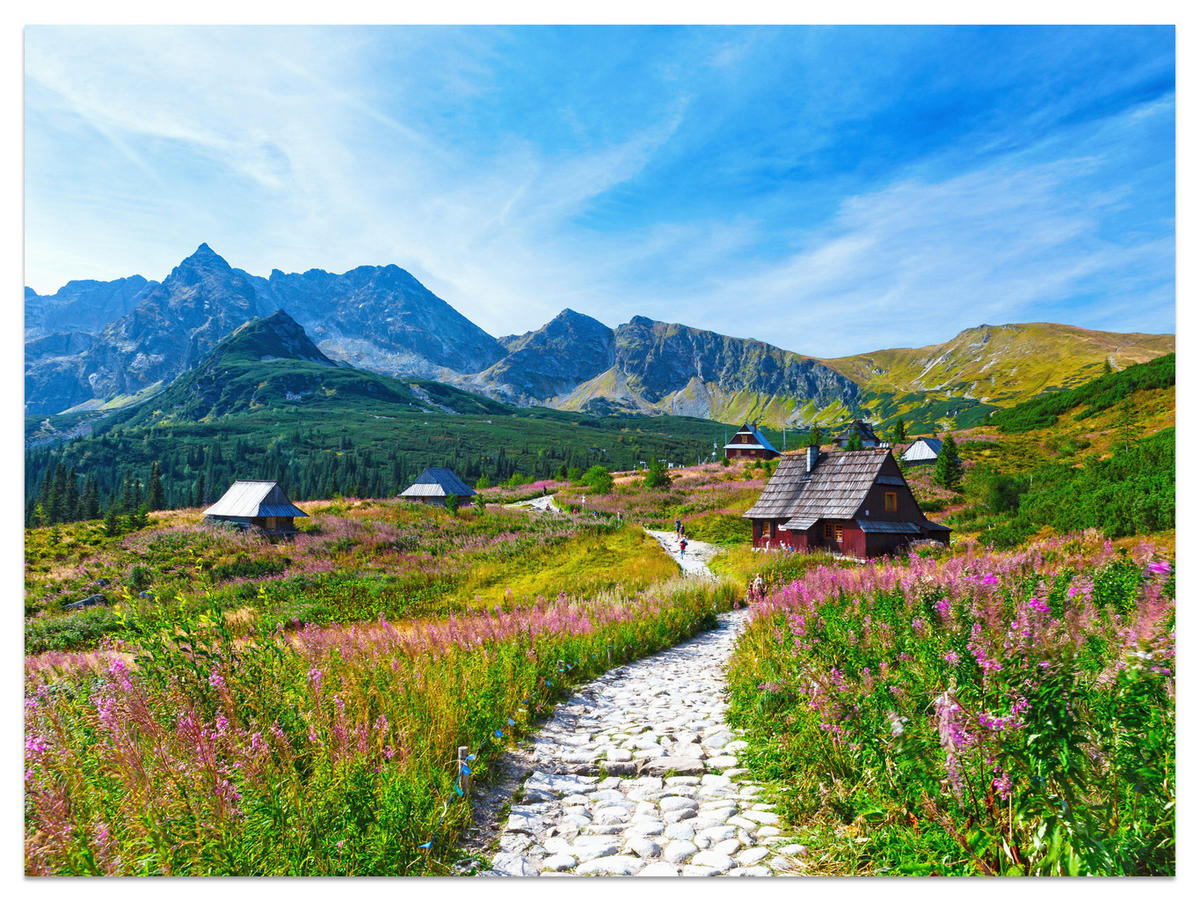 FOTOTAPETA Pre Obývaciu Izbu Kamenný Chodník Hory Stromy Rastliny Domy 100 x 70 cm - sivá/zelená, papier (100/70cm) - Muralo