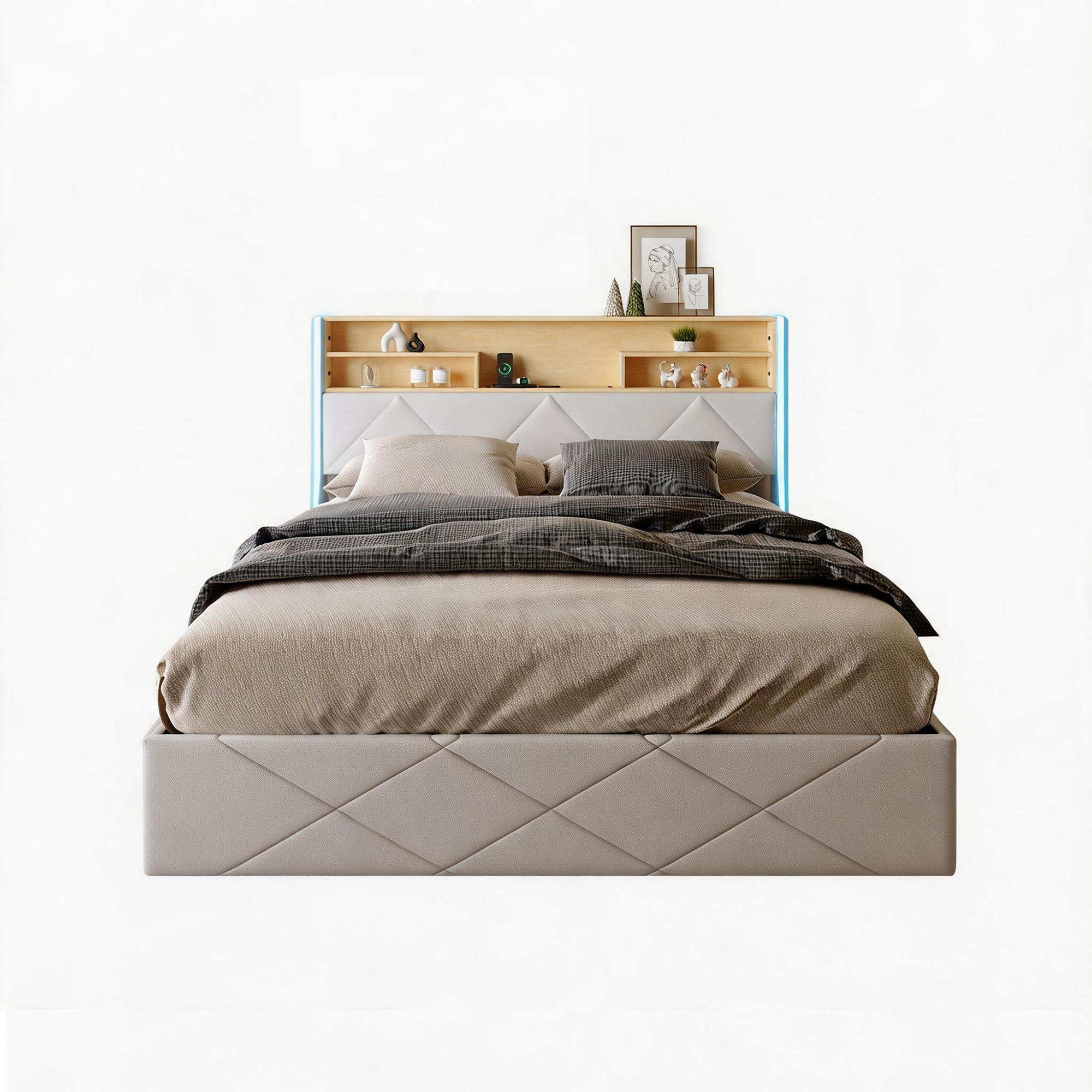 BETT 140x200 cm mit LED und USB, Doppelbett 140x200 cm mit Bettkasten, Polsterbett, schwebendes Design, Weiß PU - Weiß, Leder/Metall (140/200cm) - GENKI LIVING