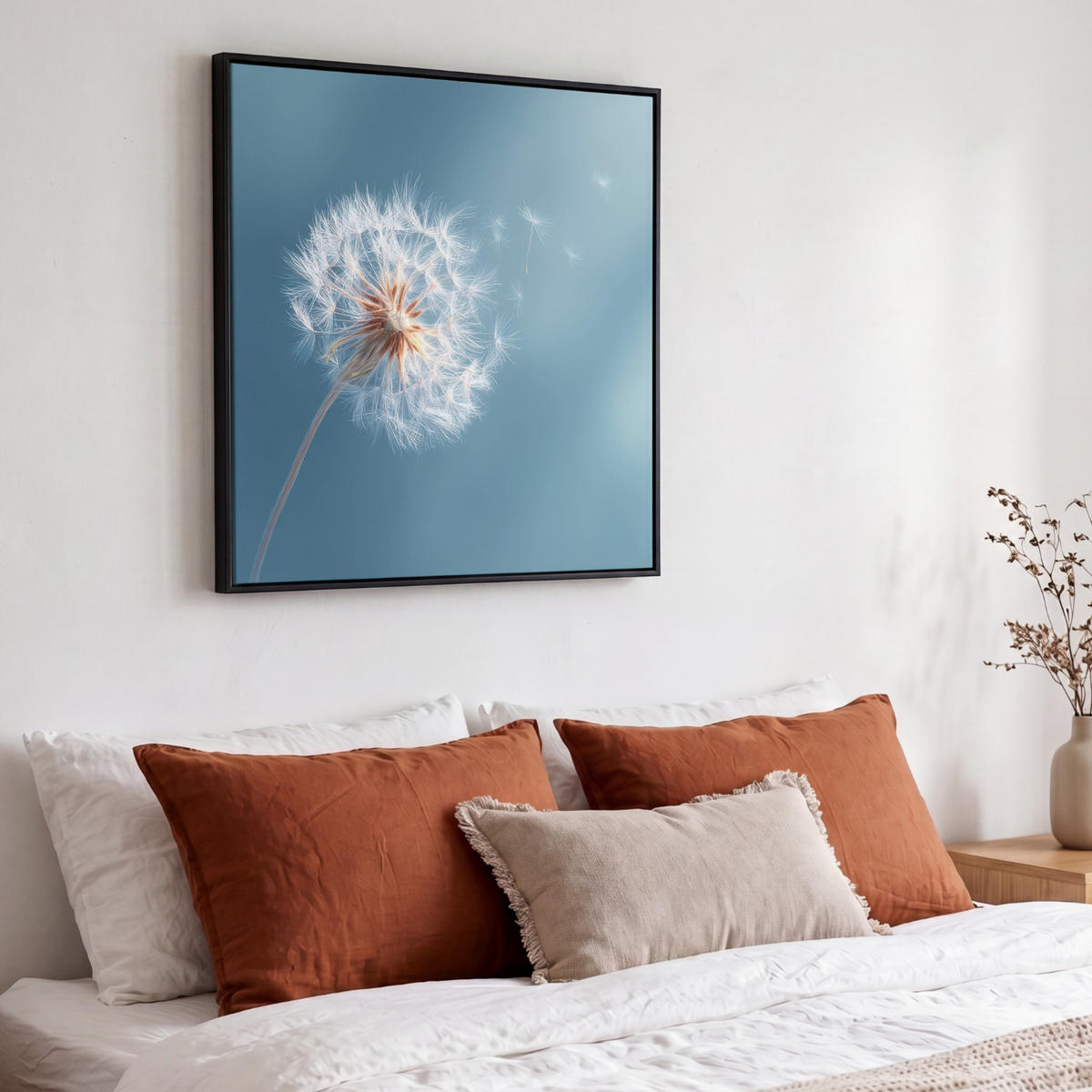 LEINWAND Bilder mit Rahmen - Löwenzahn - Wind - Blau - 50x50 - Blaugrau, Textil (50/50cm) - MuchoWow