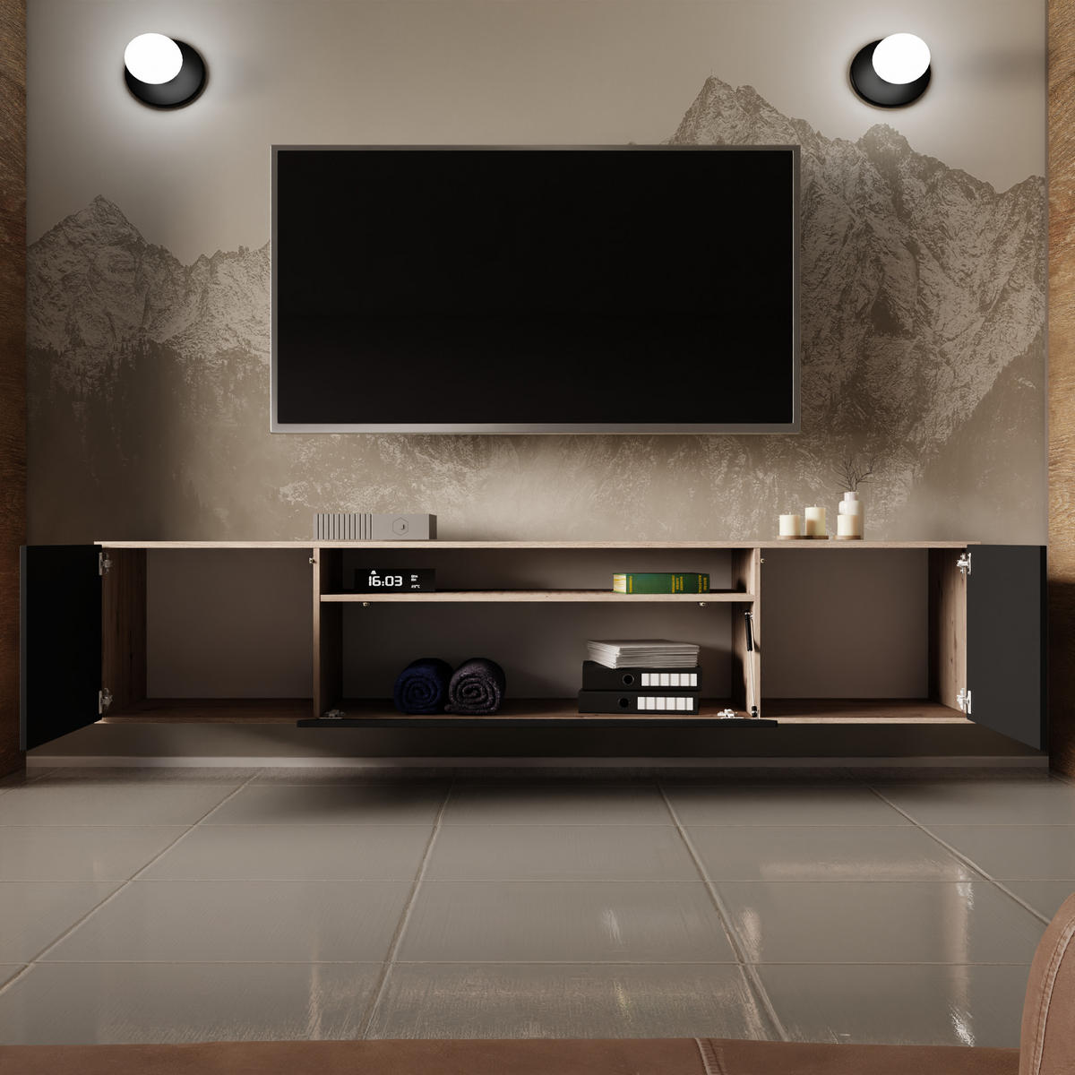 TV-SCHRANK LIO - Schwarz/Eiche Artisan, Holzwerkstoff (200/40/41cm) - Meblini