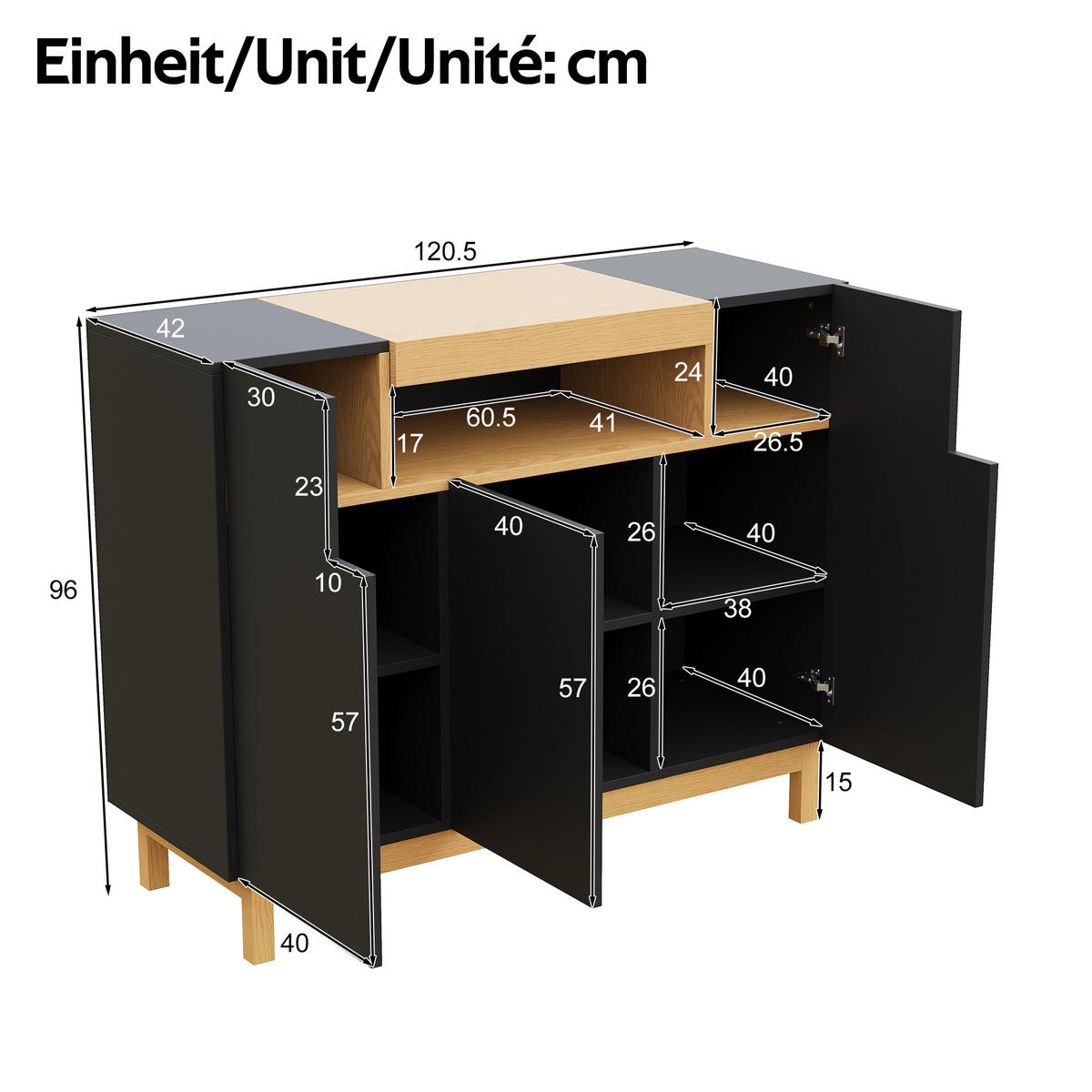 SIDEBOARD 3 Türen Wohn Esszimmer Multifunktional Stauraum - Schwarz, Holzwerkstoff (42/96/120.5cm) - FLIEKS
