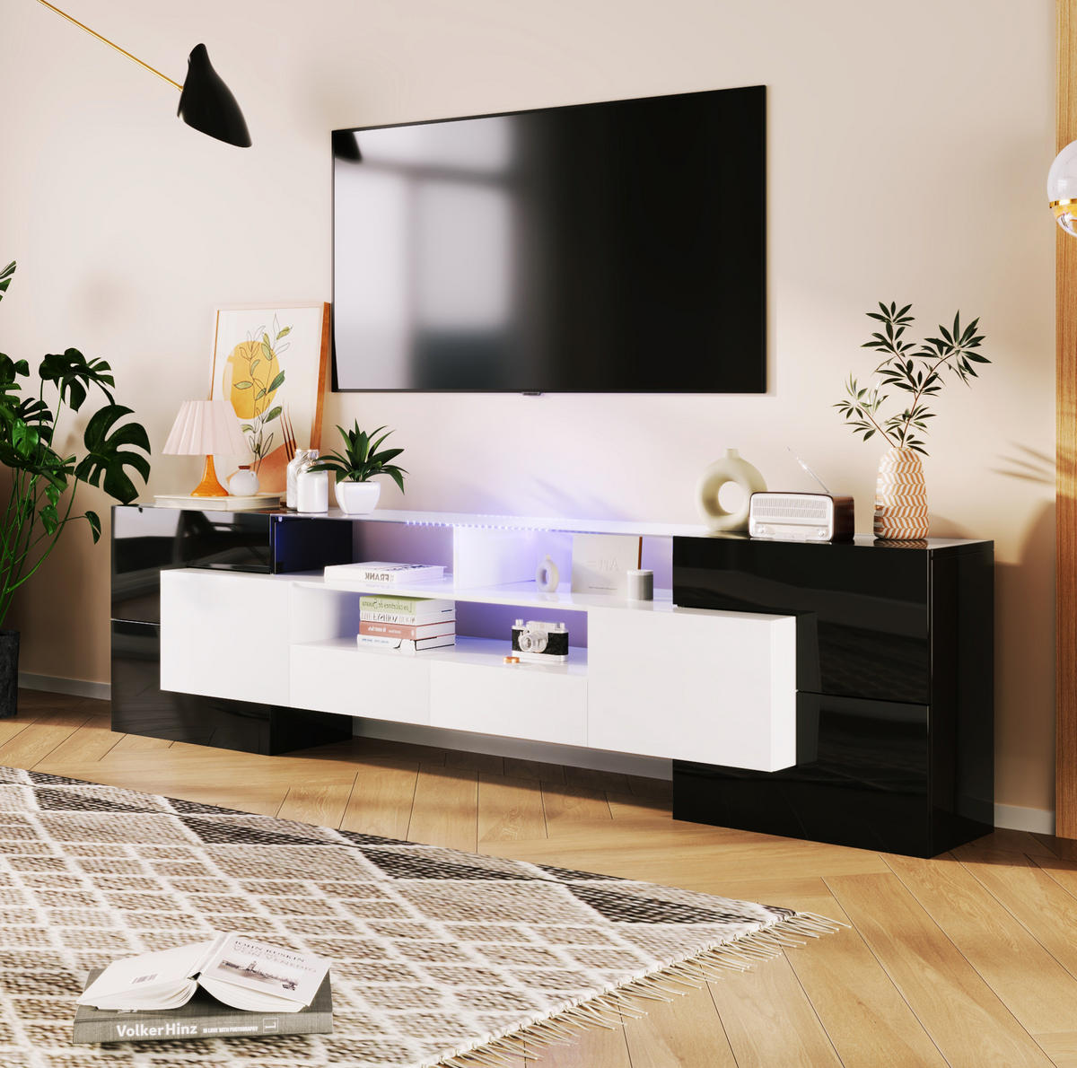 TV-SCHRANK in Schwarz-Weiß Hochglanz mit LED 200/35/60 cm - Schwarz, Holzwerkstoff (200/60/35cm) - Redom
