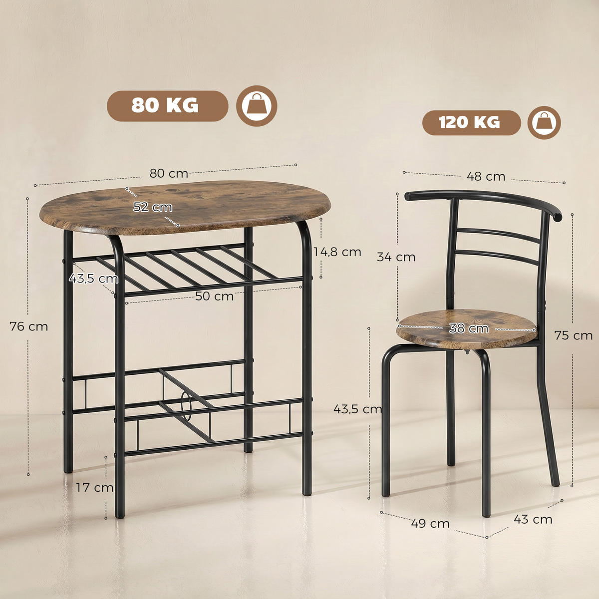 ESSGRUPPE MDF Metall Rustikal-Braun - Schwarz/Braun, Holzwerkstoff/Metall (52/76/80cm) - HOMCOM