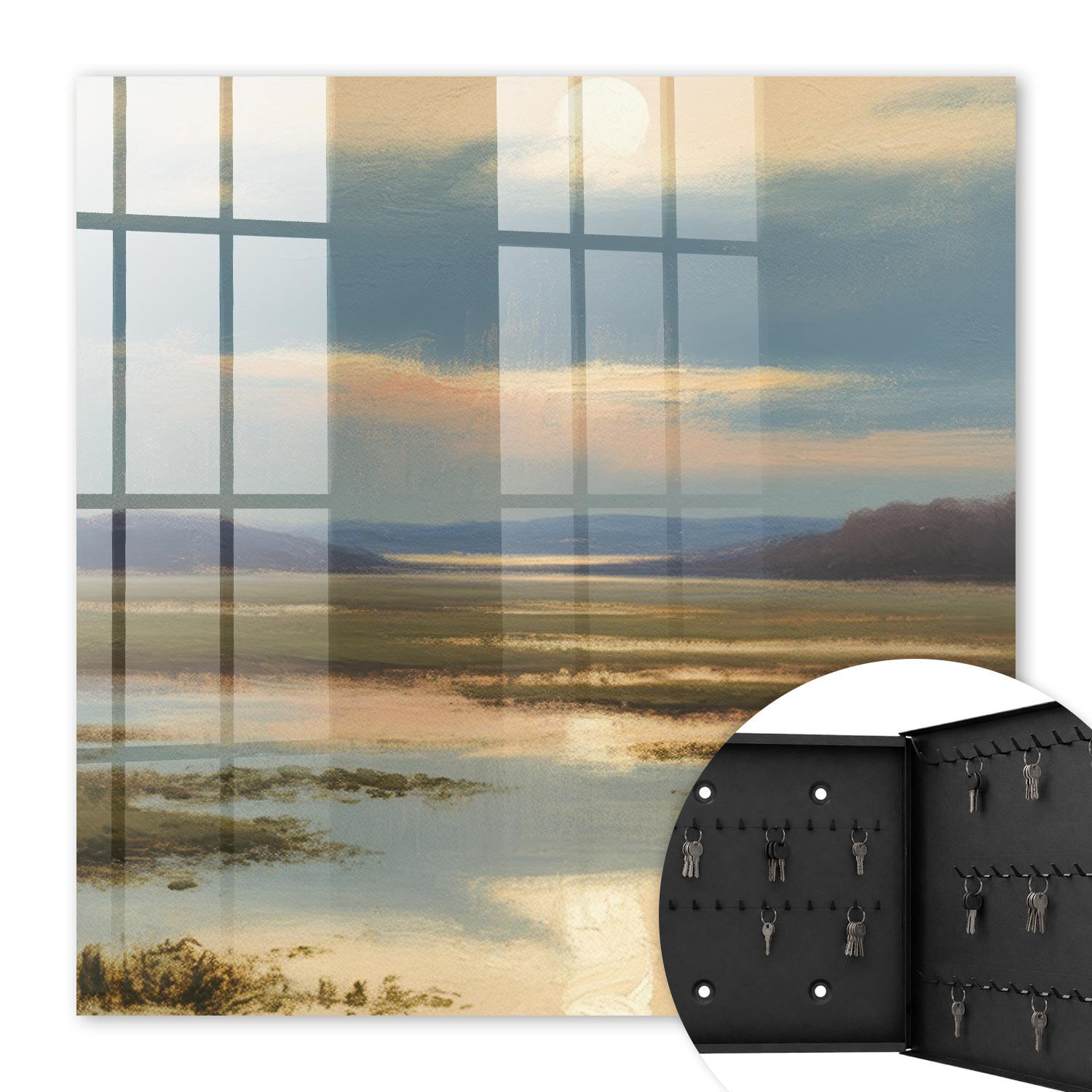 SCHLÜSSELBOX Schwarz 30x30 cm- Türöffnung nach rechts - Landschaft des Friedens - Beige, Metall (30/30/5cm) - TULUP