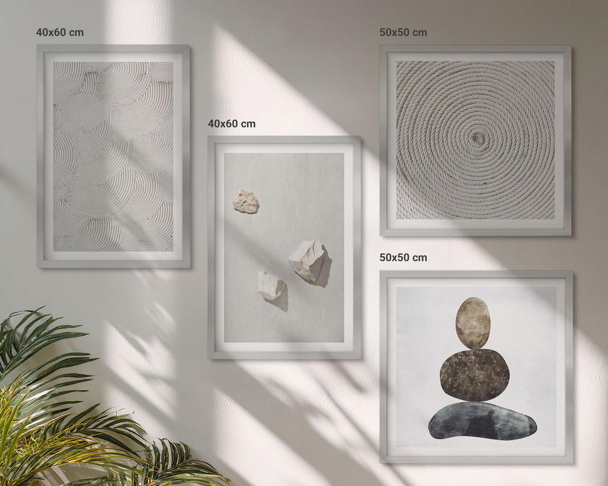 WANDBILDER 4er Set - 50x50 cm & 40x60 cm Silberner Rahmen - Sandsteine moderne Farbe - Silberfarben, Kunststoff (50/50cm) - ArtPrintCave