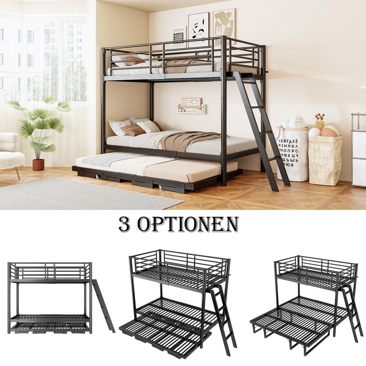 METALL-ETAGENBETT 90 x 200 mit Ausziehbett, Schwarz - Schwarz, Holz (90/200cm) - FLIEKS